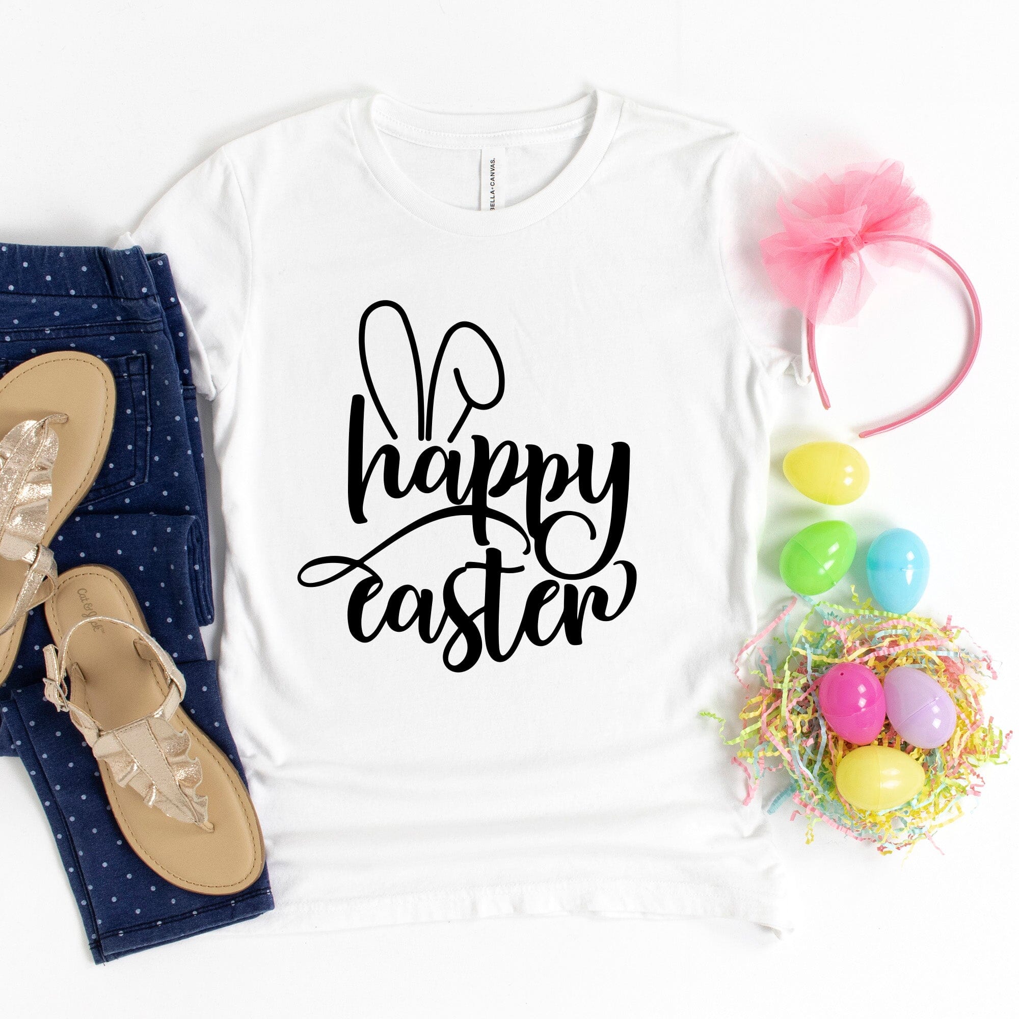 Happy Easter Bunny Ears T-Shirt featuring a cute bunny ears design, made from soft Ringspun Cotton fabric.