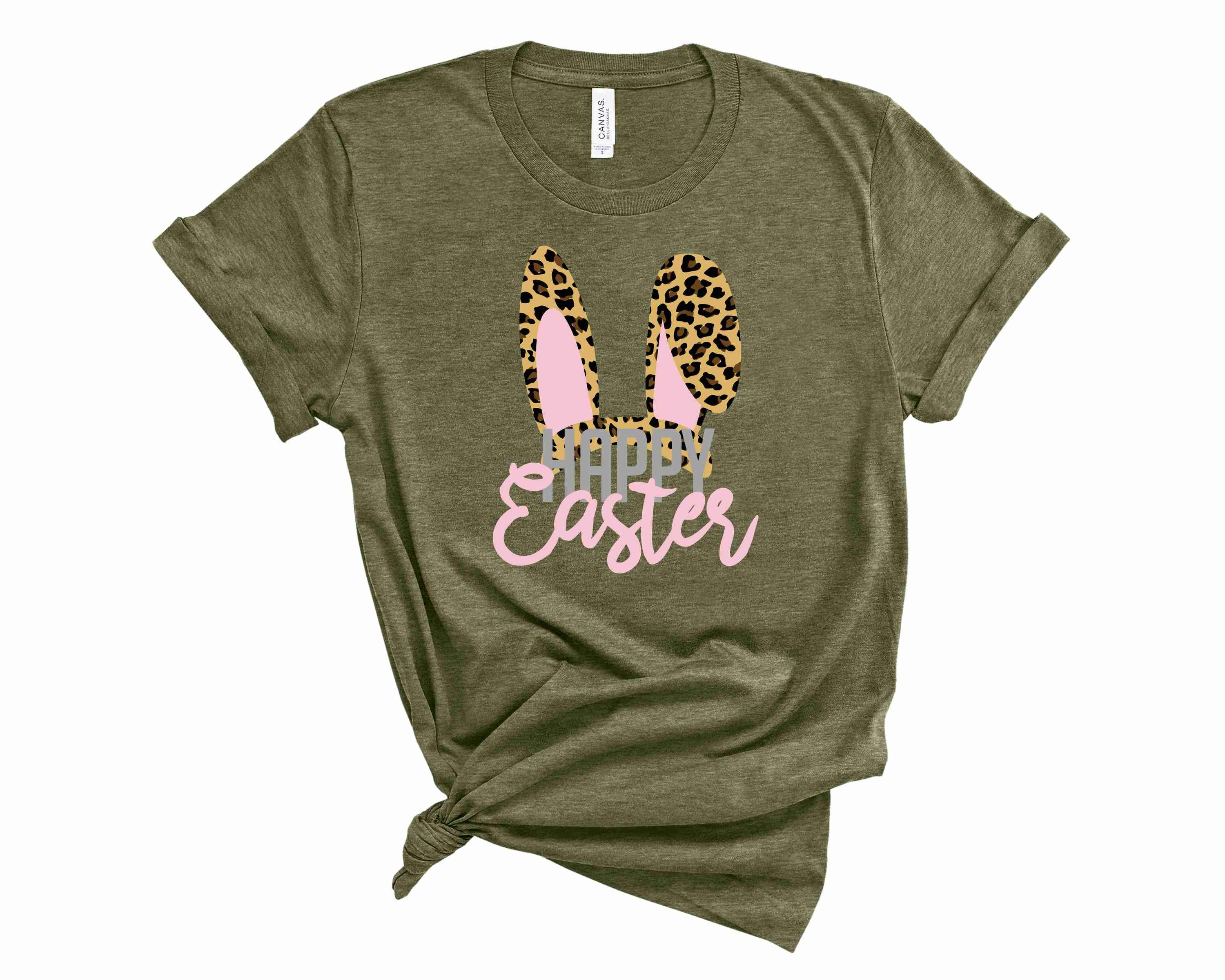 Happy Easter Leopard Ears Graphic Tee featuring a vibrant design with leopard ears, perfect for Easter celebrations.