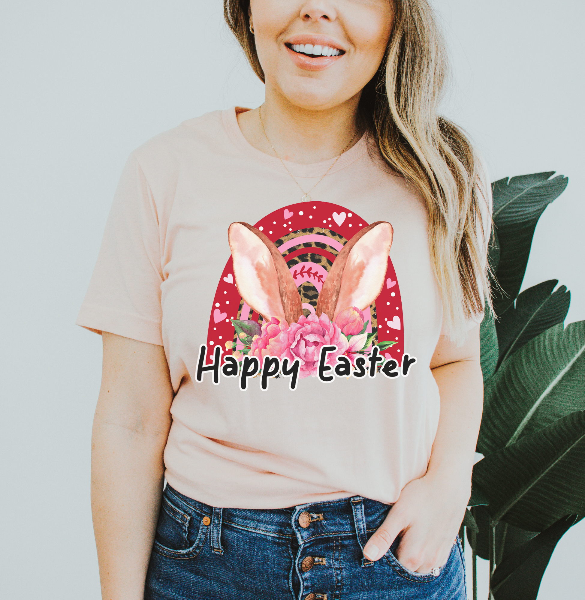 Happy Easter T-shirt made of premium ring spun cotton with vibrant flex print design, available in various sizes.