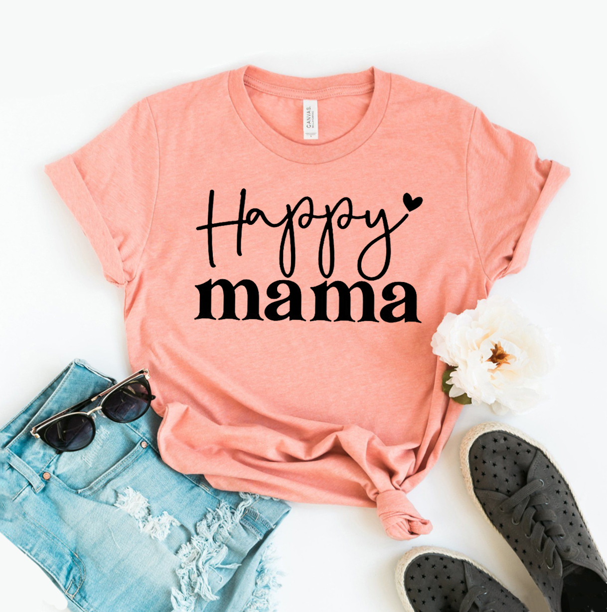 Happy Mama T-shirt made of premium ring spun cotton with a vibrant flex print design, available in various sizes.