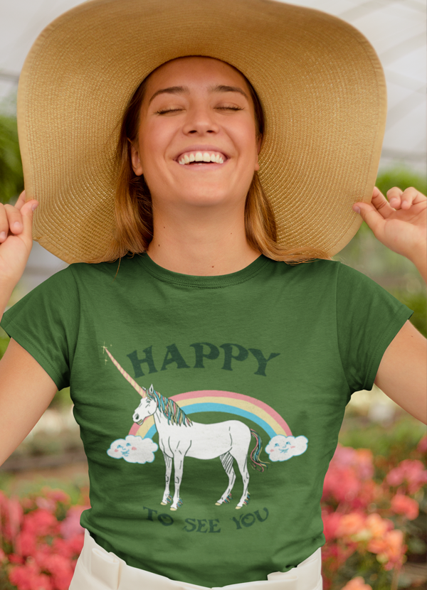 Happy To See You Women T-shirt featuring unique designs by top artists, made from soft ringspun cotton.