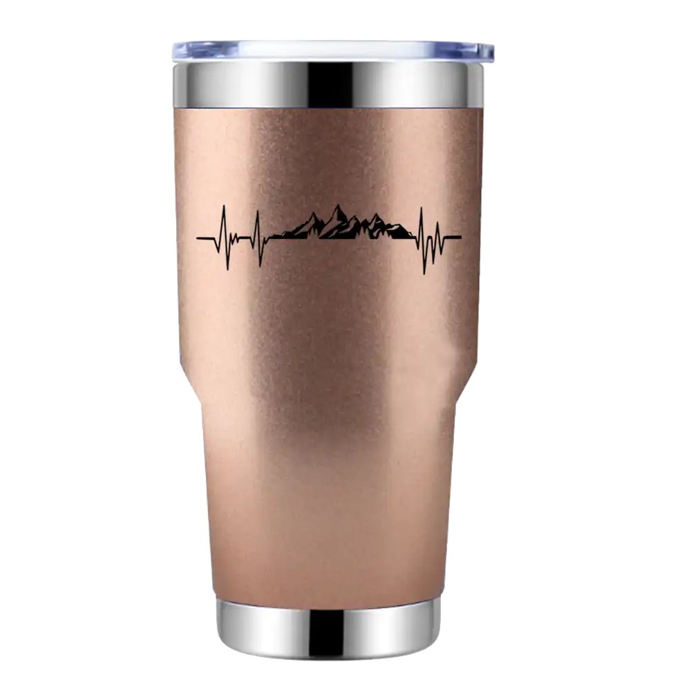 Heartbeat V2 30oz Insulated Vacuum Sealed Tumbler in stainless steel with UV-printed design, showcasing its double-walled insulation and spill-proof lid.