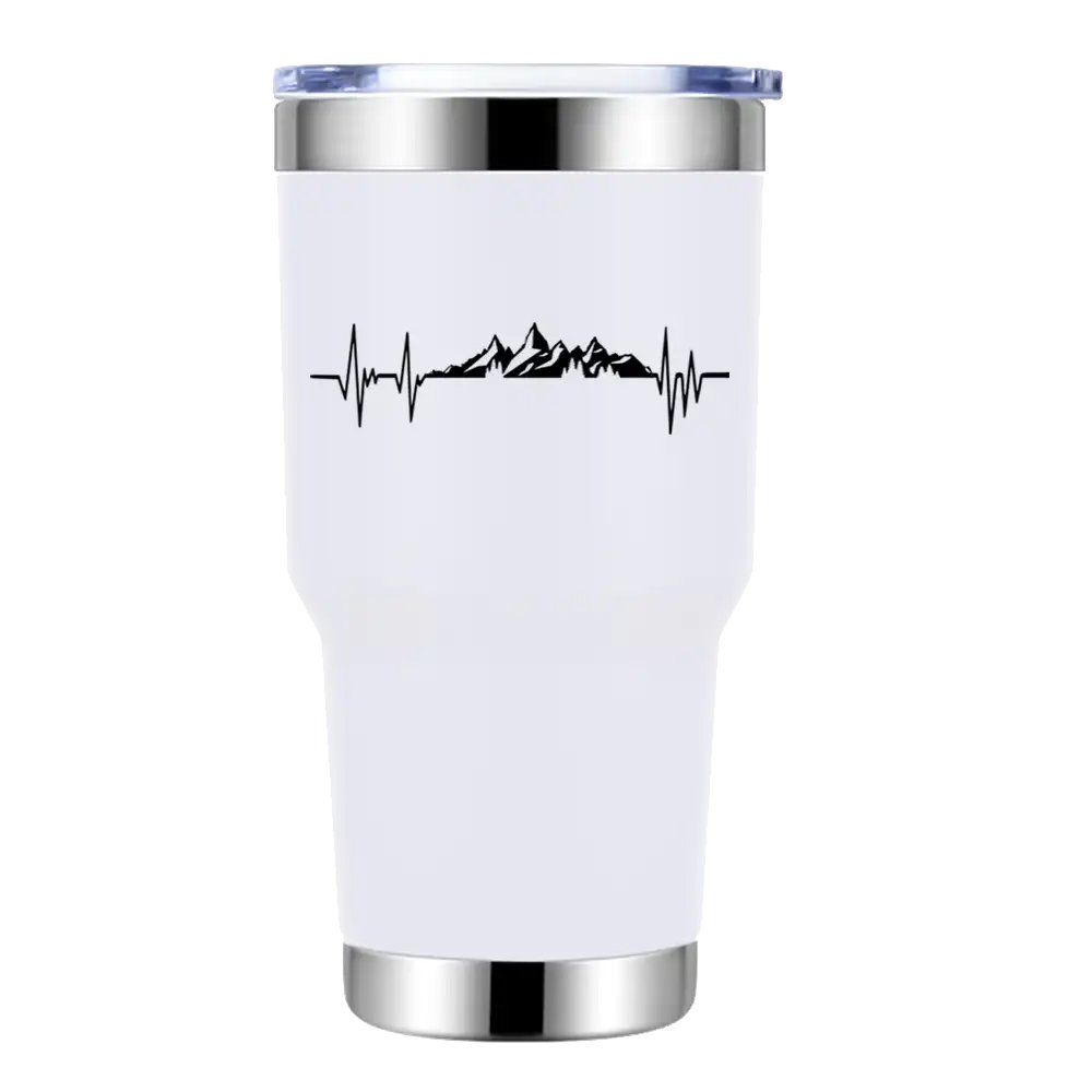 Heartbeat V2 30oz Insulated Vacuum Sealed Tumbler in stainless steel with UV-printed design, showcasing its double-walled insulation and spill-proof lid.