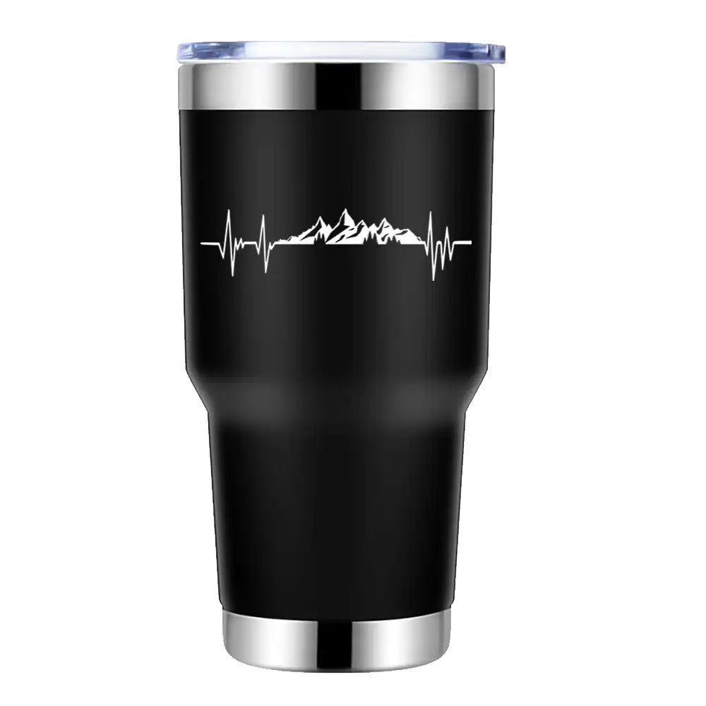 Heartbeat V2 30oz Insulated Vacuum Sealed Tumbler in stainless steel with UV-printed design, showcasing its double-walled insulation and spill-proof lid.