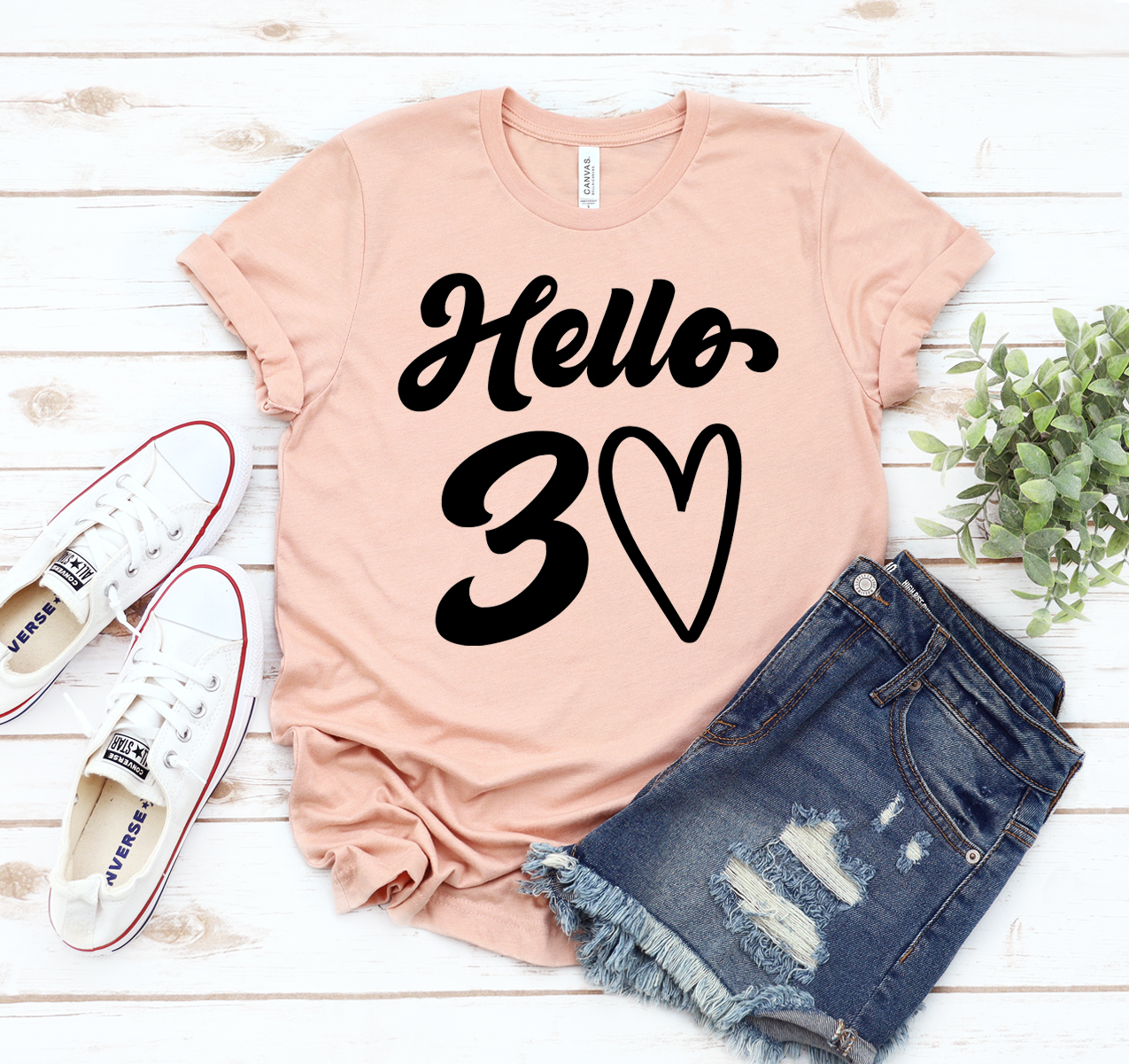 Hello 30 T-shirt in unisex design, made from soft airlume cotton, available in various sizes.