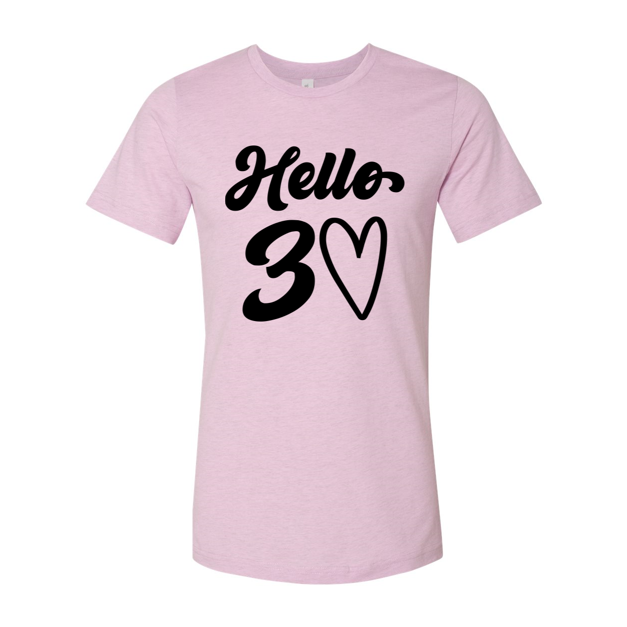 Hello 30 T-shirt in unisex design, made from soft airlume cotton, available in various sizes.