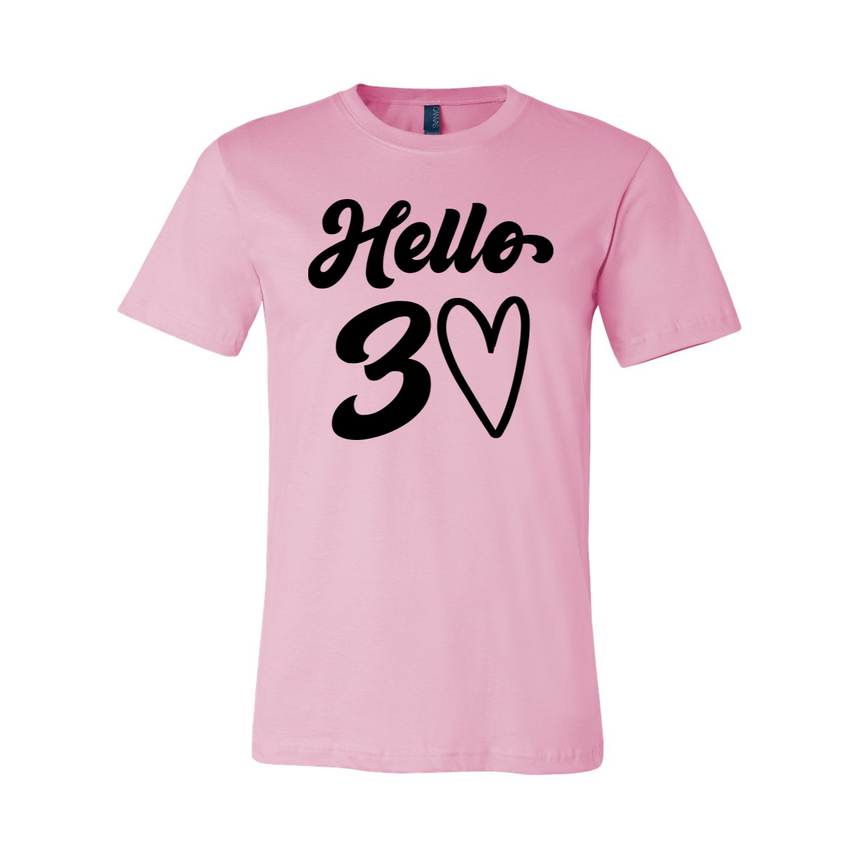 Hello 30 T-shirt in unisex design, made from soft airlume cotton, available in various sizes.