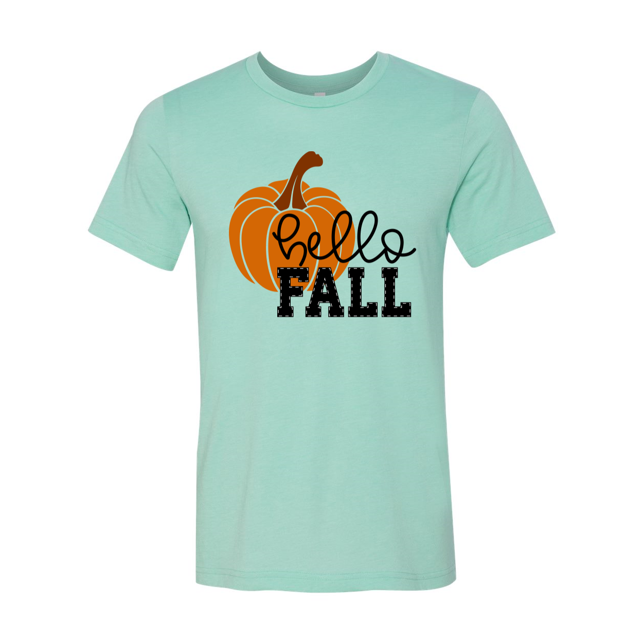 Hello Fall T-shirt displayed on a wooden background, showcasing its unisex design and soft fabric.