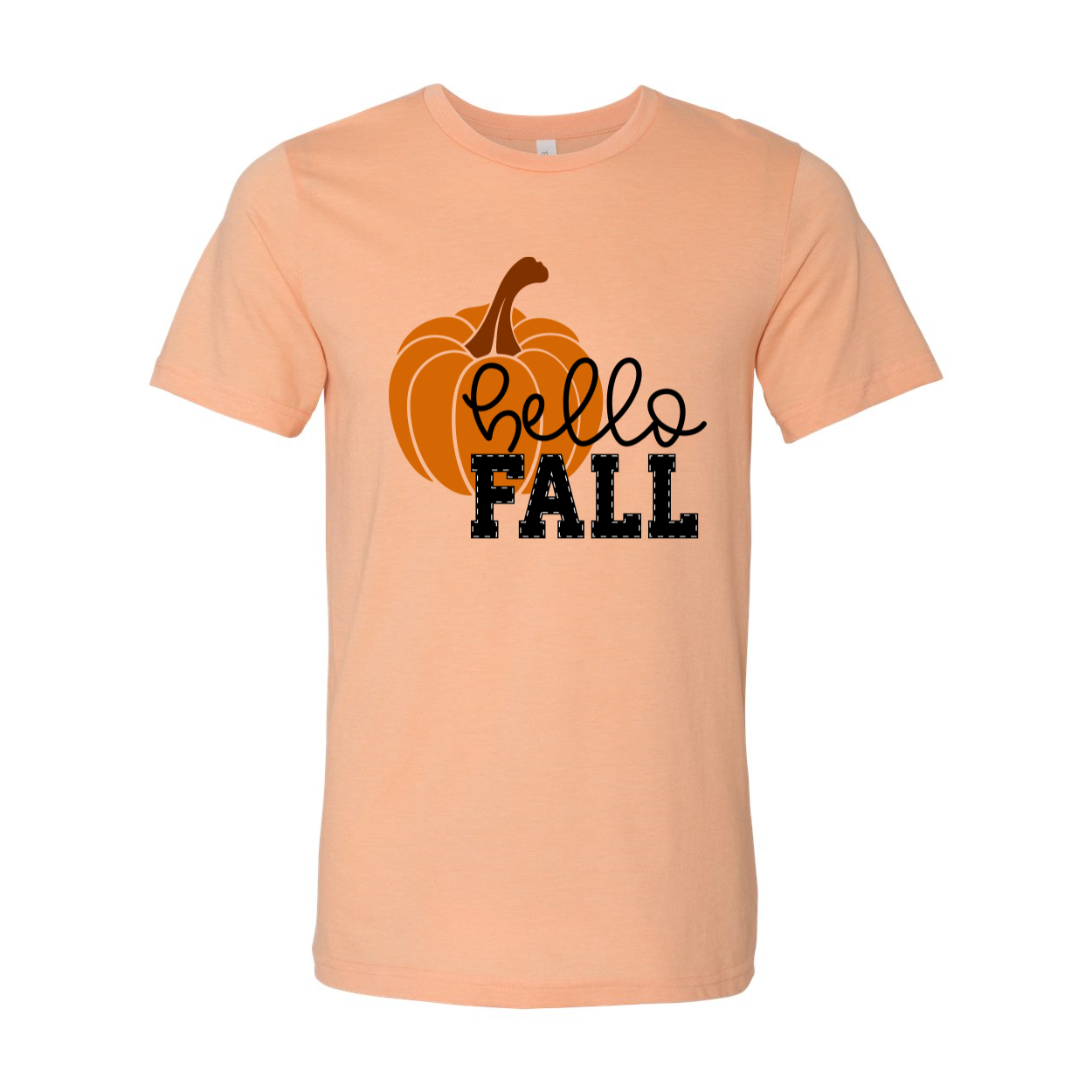 Hello Fall T-shirt displayed on a wooden background, showcasing its unisex design and soft fabric.