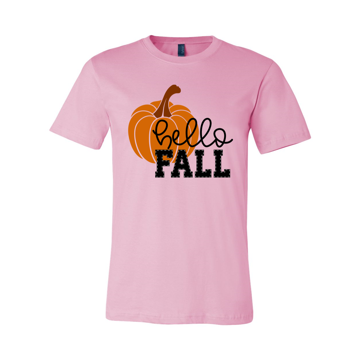 Hello Fall T-shirt displayed on a wooden background, showcasing its unisex design and soft fabric.