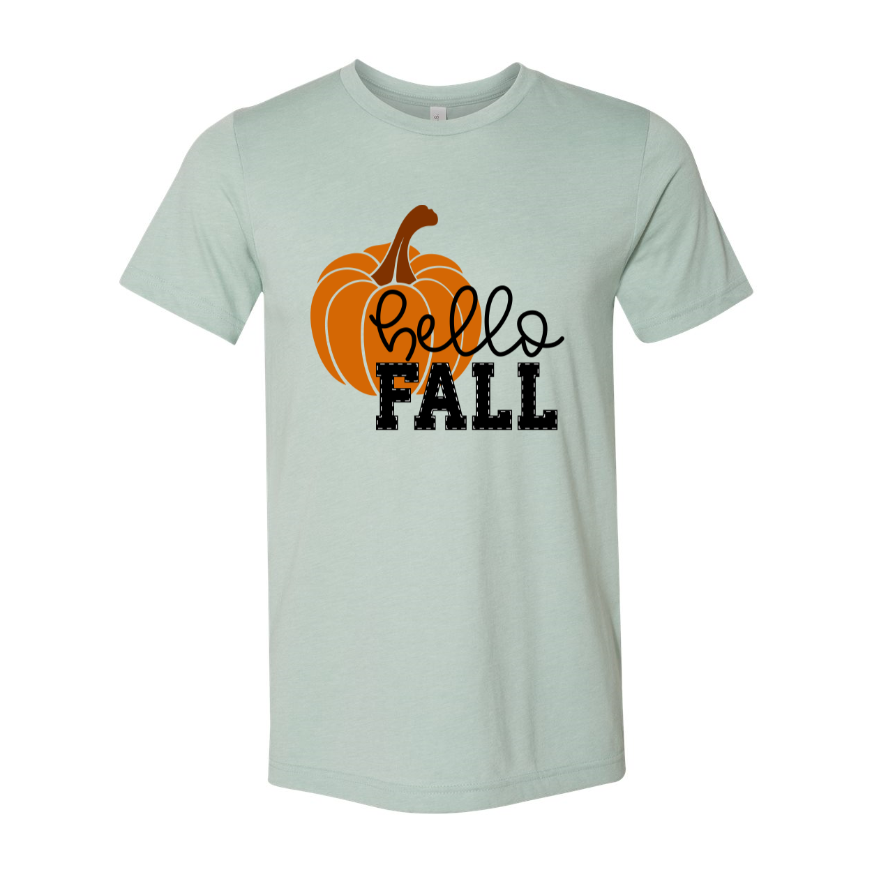 Hello Fall T-shirt displayed on a wooden background, showcasing its unisex design and soft fabric.