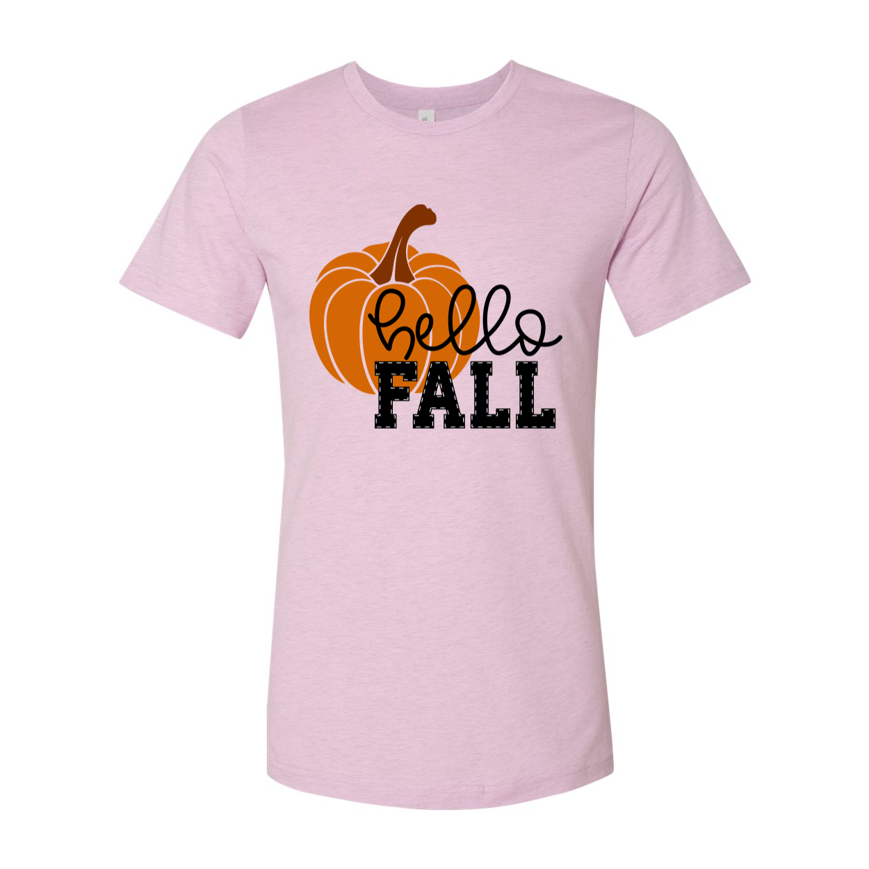 Hello Fall T-shirt displayed on a wooden background, showcasing its unisex design and soft fabric.