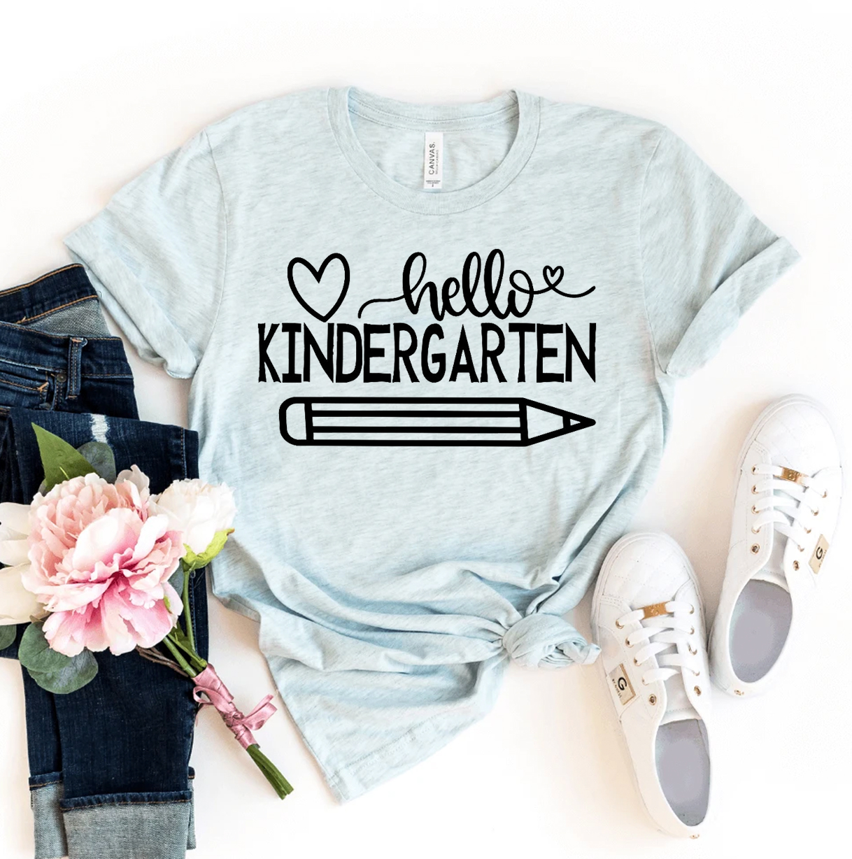 Hello Kindergarten T-shirt made of premium ring spun cotton, featuring a vibrant flex print design, available in various sizes.