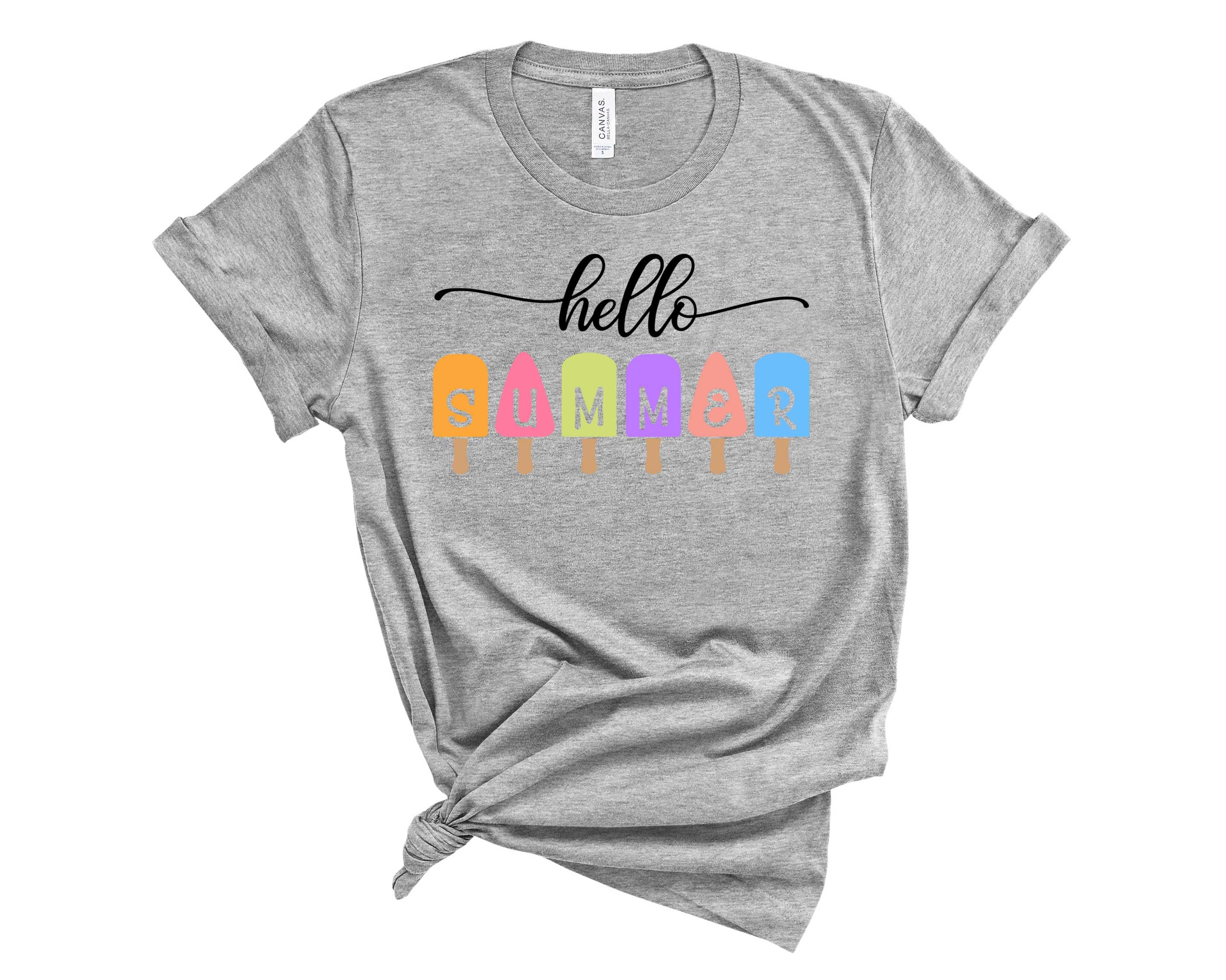 Hello Summer Popsicle graphic tee featuring a colorful popsicle design on a soft fabric t-shirt.