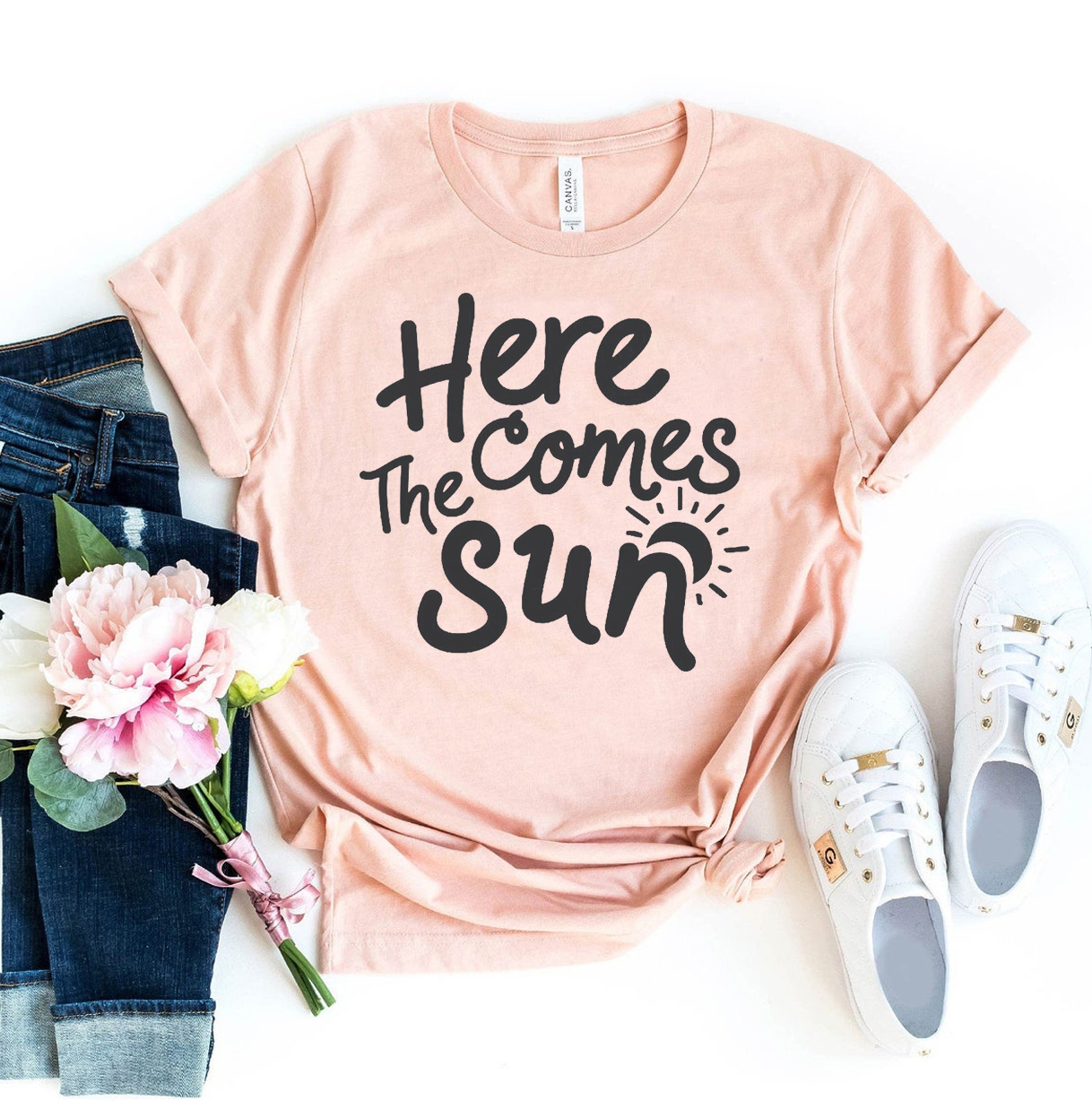 Here Comes The Sun T-shirt made from premium ring spun cotton, featuring a vibrant flex print design.