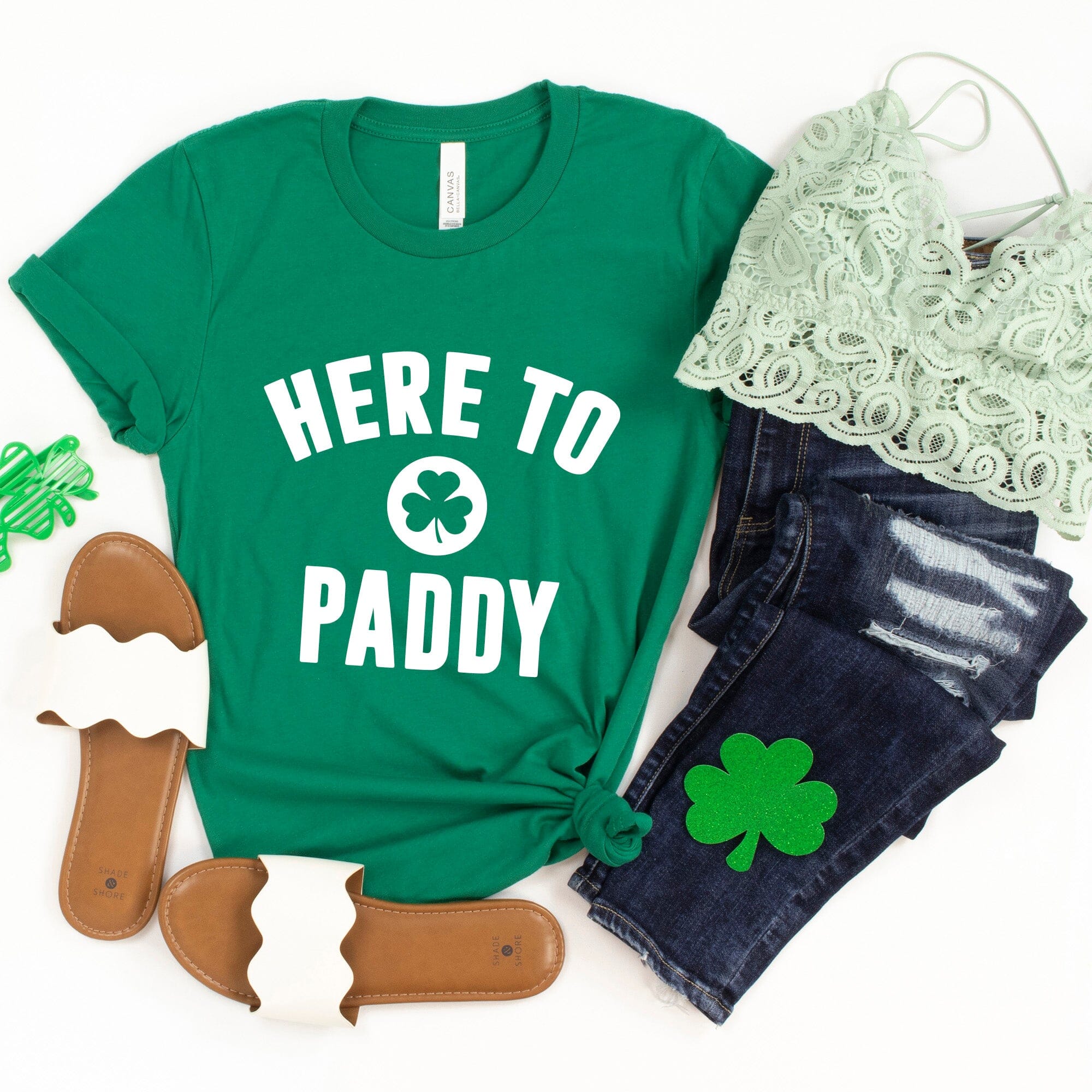 Here to Paddy St. Patty's T-Shirt featuring a festive design, made from soft ringspun cotton, perfect for St. Patrick's Day celebrations.