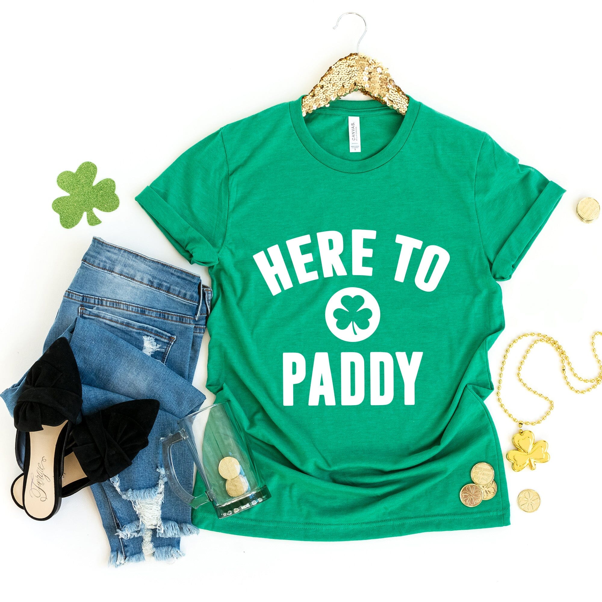 Here to Paddy St. Patty's T-Shirt featuring a festive design, made from soft ringspun cotton, perfect for St. Patrick's Day celebrations.