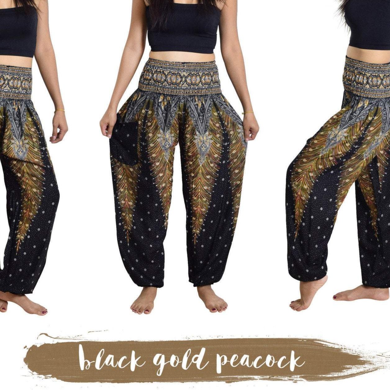 High Waist Peacock Pants featuring a vibrant peacock print, made from soft rayon with an elasticated waistband for comfort.