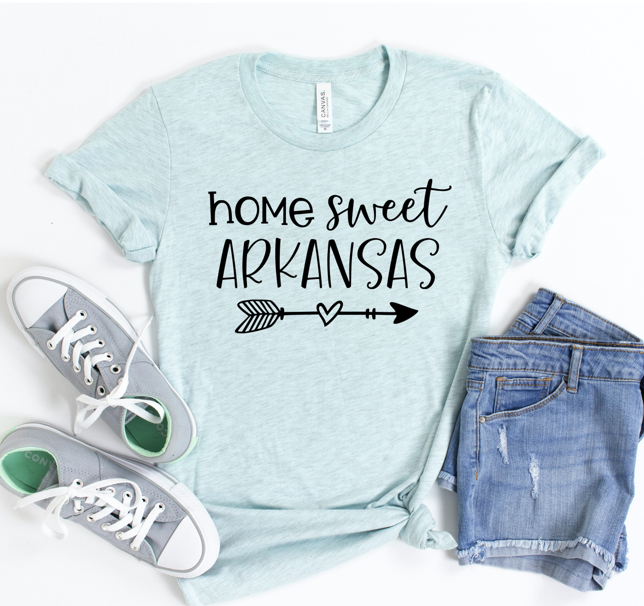 Home Sweet Arkansas T-shirt in a classic unisex design, made from soft airlume cotton, available in various sizes.