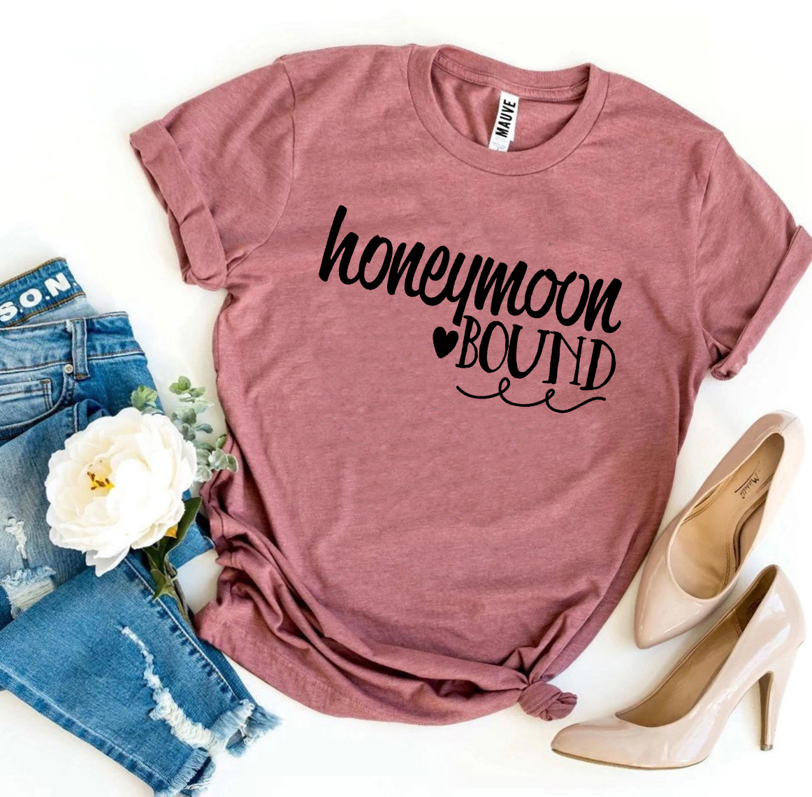 Honeymoon Bound T-shirt made of premium ring spun cotton with a stylish design, available in various sizes.