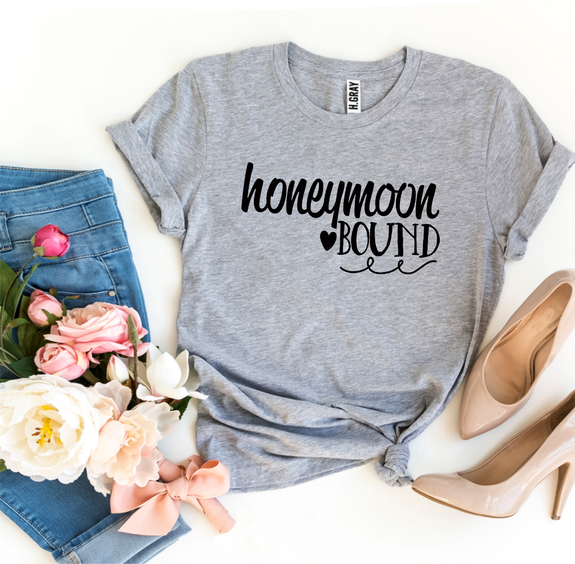 Honeymoon Bound T-shirt made of premium ring spun cotton with a stylish design, available in various sizes.