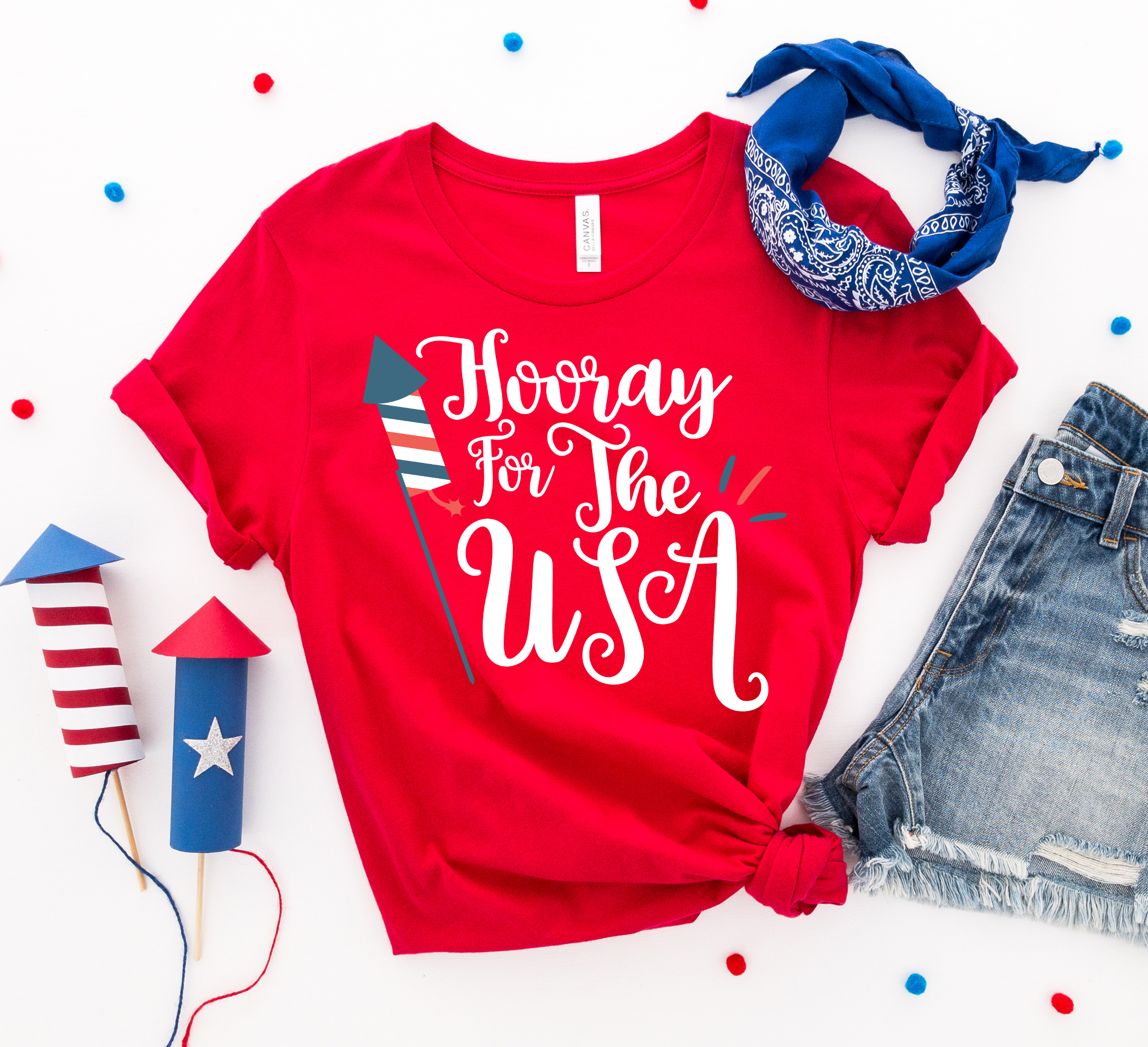 Hooray for the USA T-shirt featuring a vibrant patriotic design, made from premium ring spun cotton for comfort.