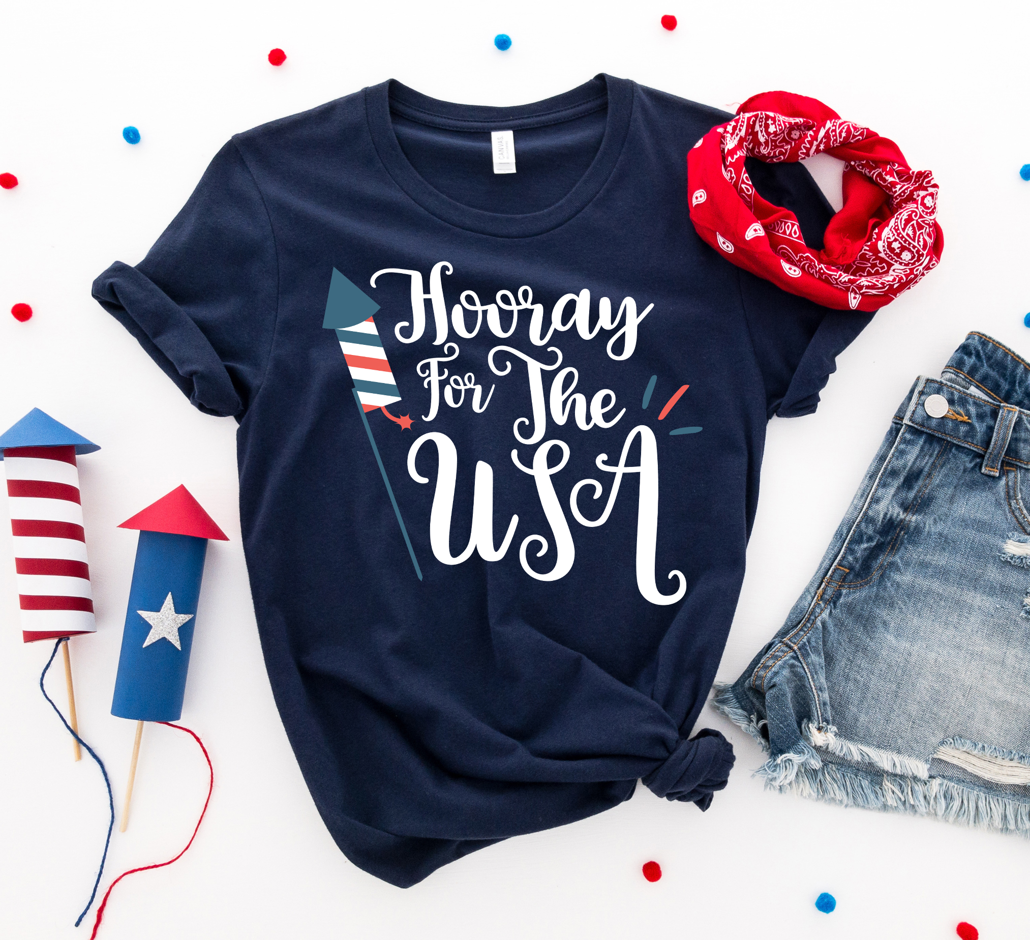 Hooray for the USA T-shirt featuring a vibrant patriotic design, made from premium ring spun cotton for comfort.