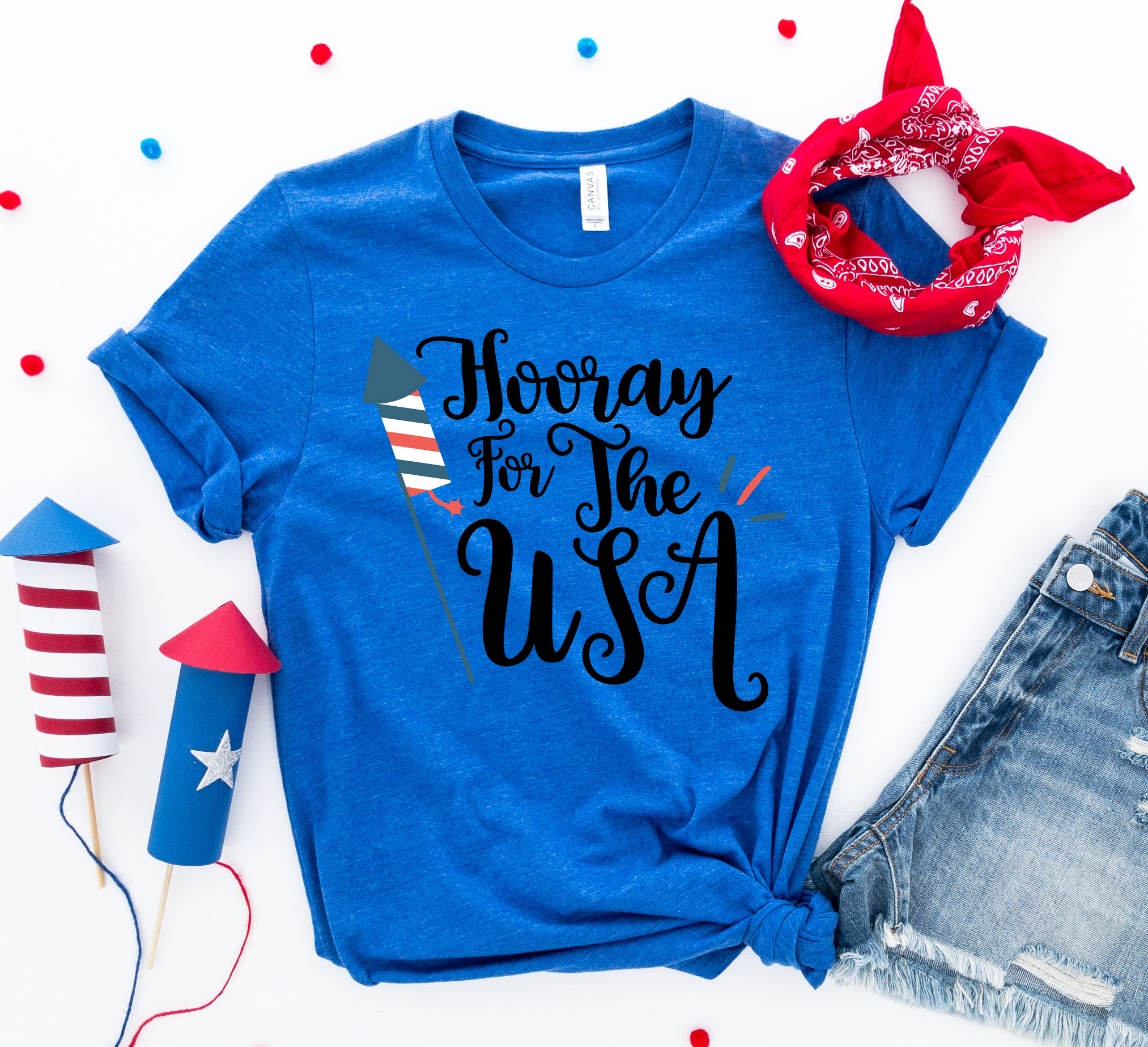 Hooray for the USA T-shirt featuring a vibrant patriotic design, made from premium ring spun cotton for comfort.