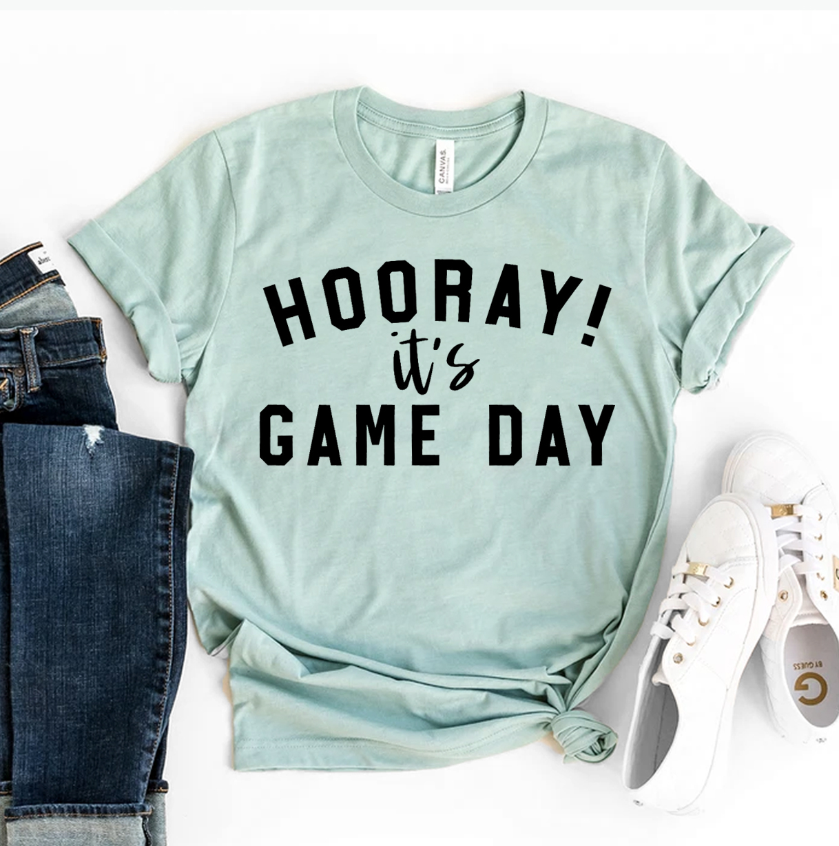 Hooray It's Game Day T-shirt made of premium ring spun cotton, featuring a vibrant flex print design celebrating game day.