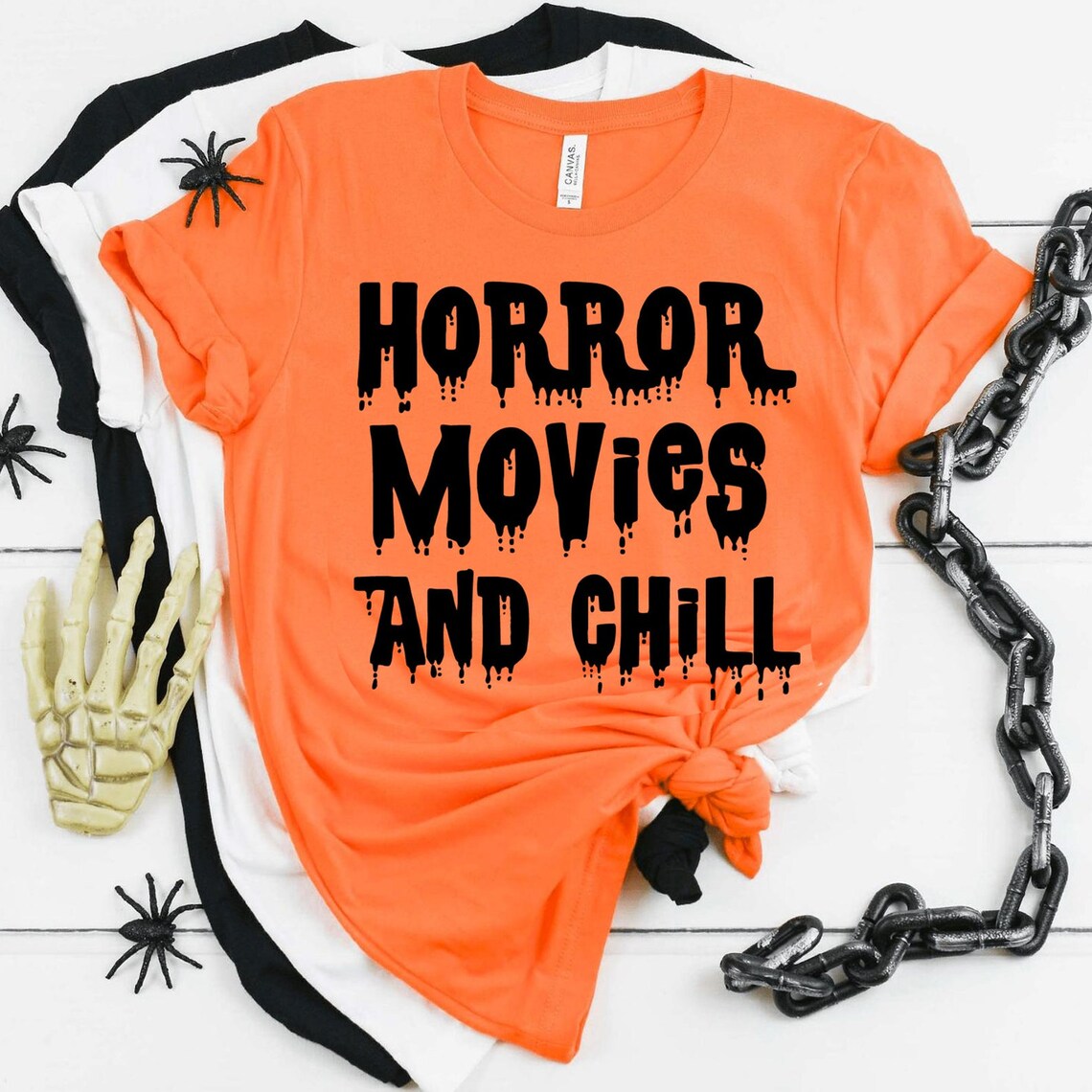 Horror Movies And Chill T-shirt made from premium ring spun cotton, featuring a vibrant flex print design, available in various sizes.