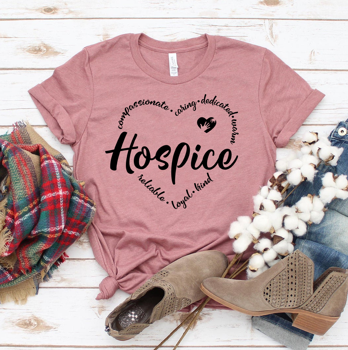 A stylish Hospice T-shirt made from premium ring spun cotton, featuring a soft textile flex print design.