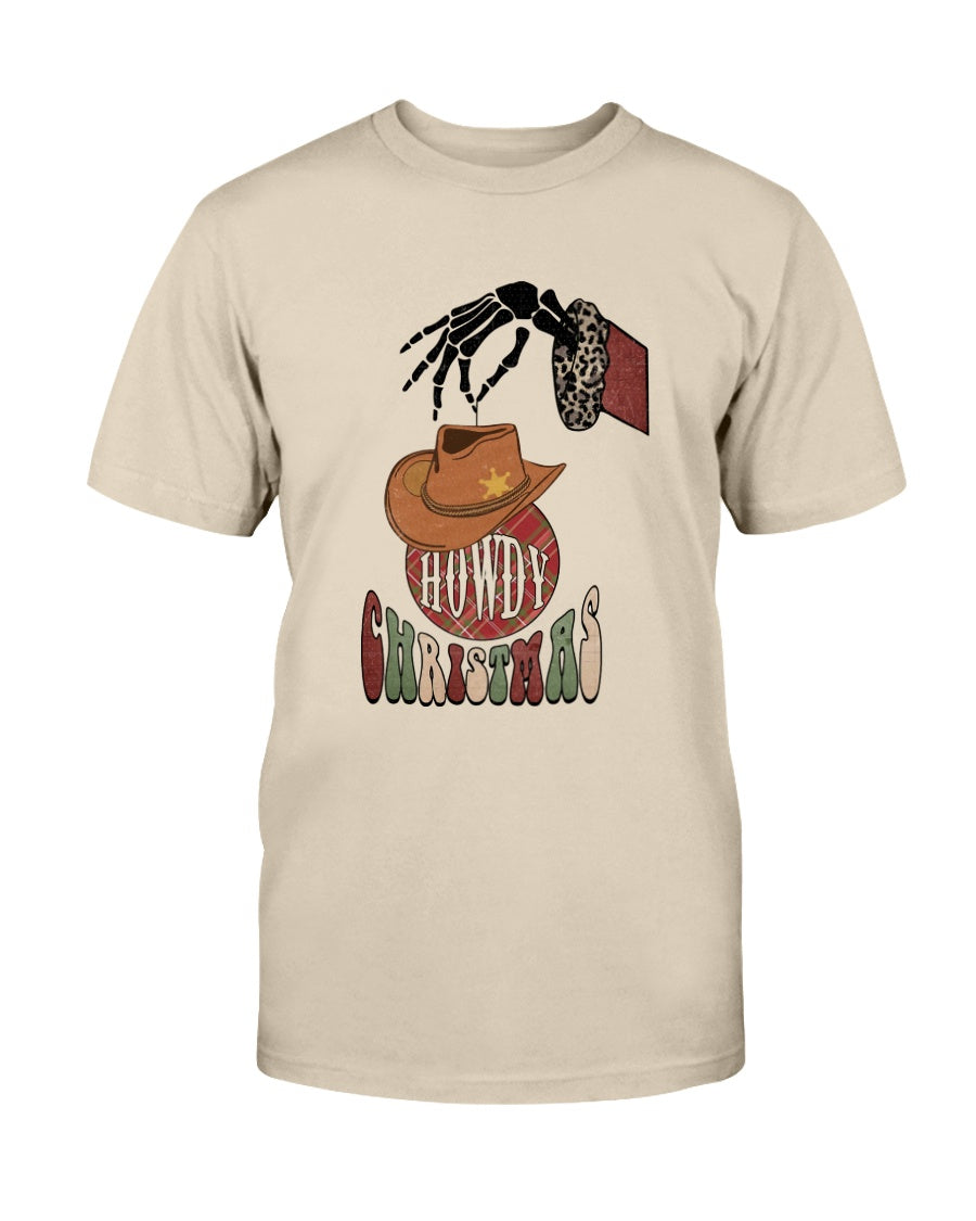 A festive Howdy Christmas Shirt made from soft ring spun cotton, featuring a crew neck and short sleeves, available in multiple colors.