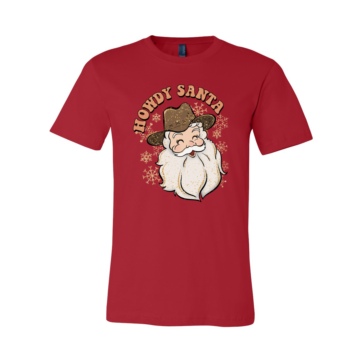 A festive Howdy Santa Shirt made from soft ring spun cotton, featuring a cheerful holiday design, available in multiple colors and sizes.