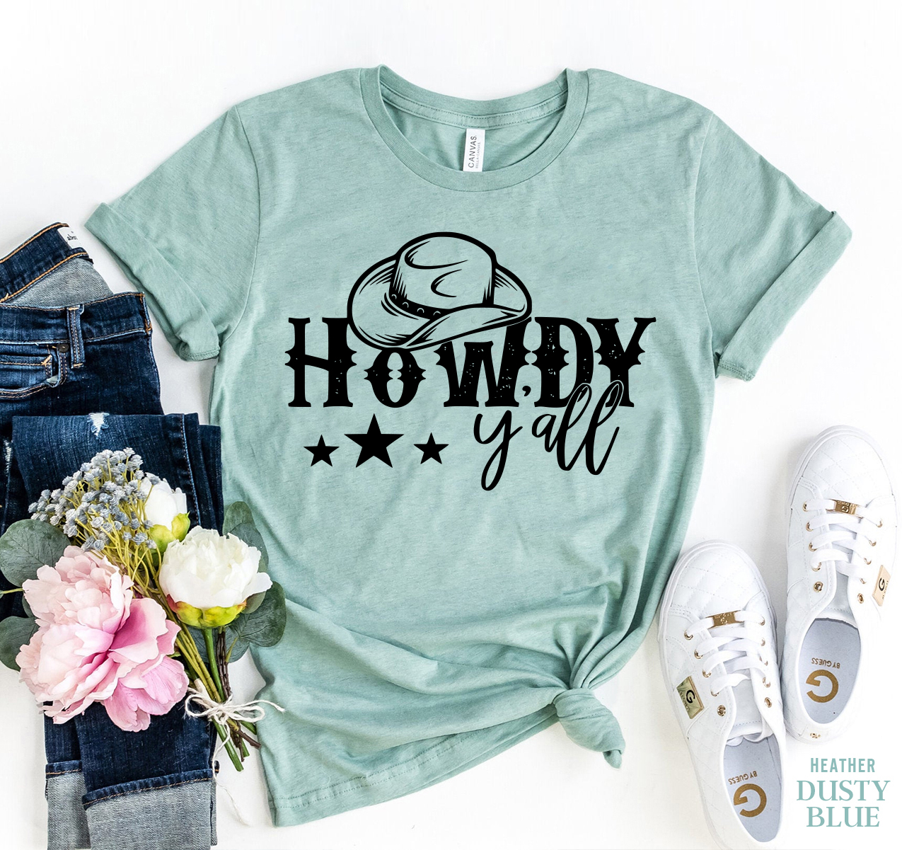 A stylish Howdy Y'all T-shirt made from premium ring spun cotton, featuring a vibrant flex print design.