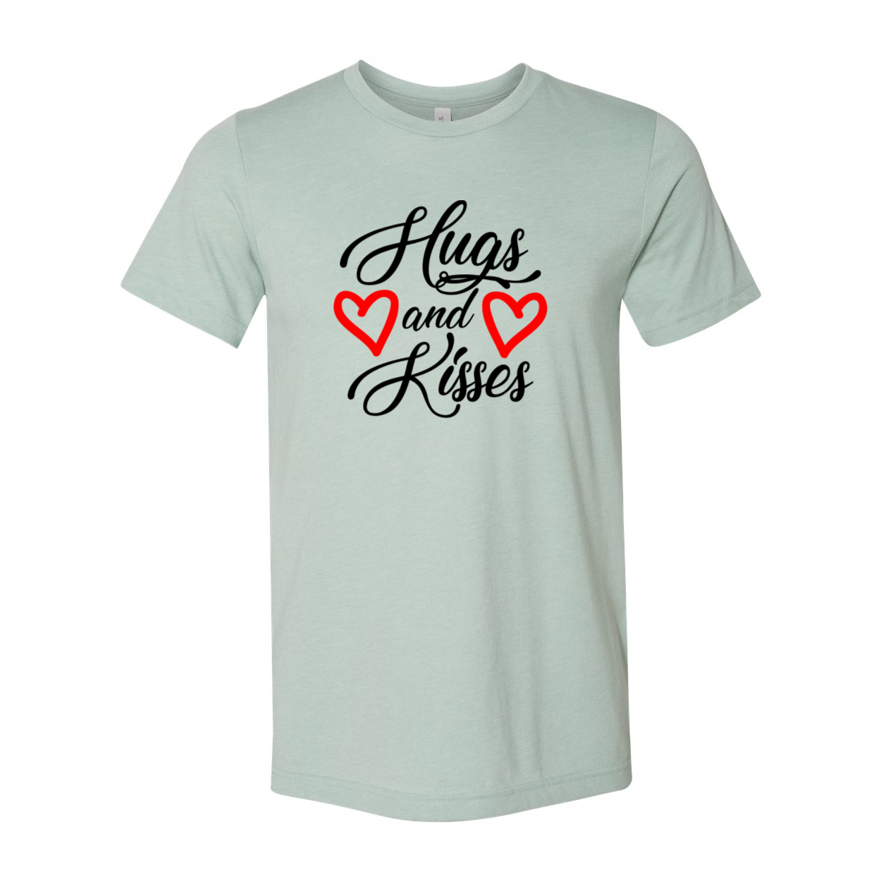 A stylish unisex Hugs And Kisses Shirt made from soft ring spun cotton, available in multiple colors and sizes.