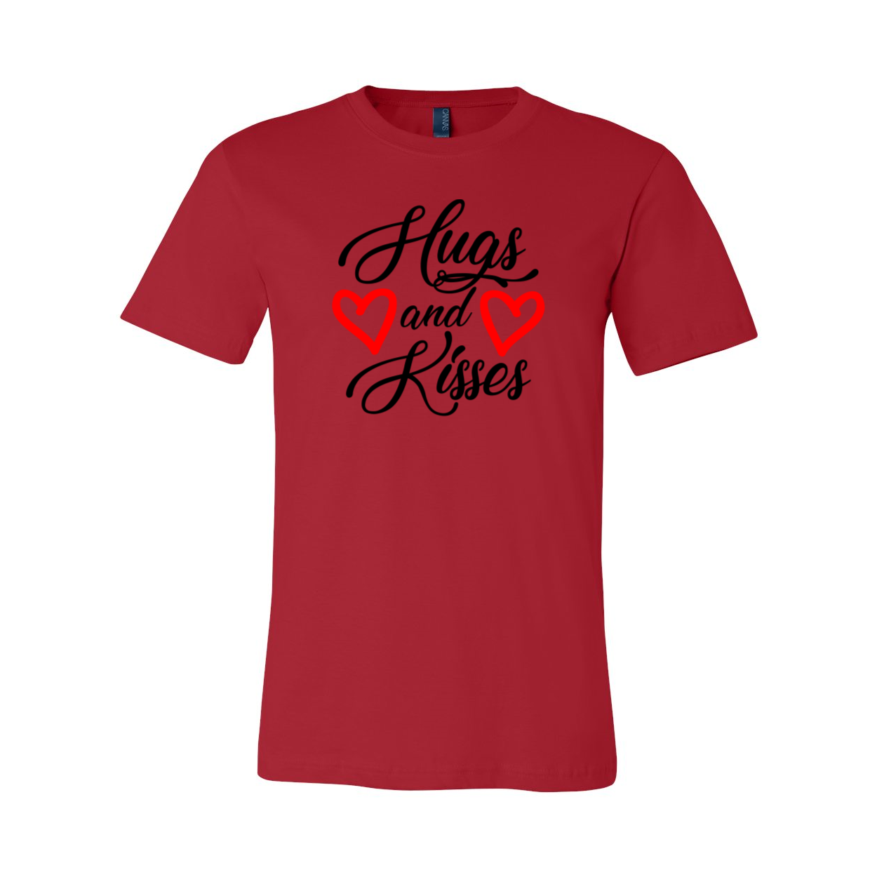 A stylish unisex Hugs And Kisses Shirt made from soft ring spun cotton, available in multiple colors and sizes.