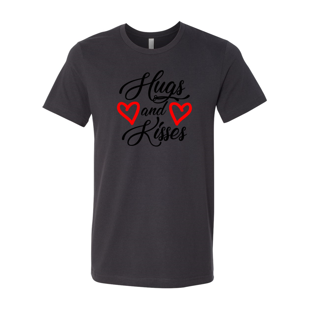 A stylish unisex Hugs And Kisses Shirt made from soft ring spun cotton, available in multiple colors and sizes.