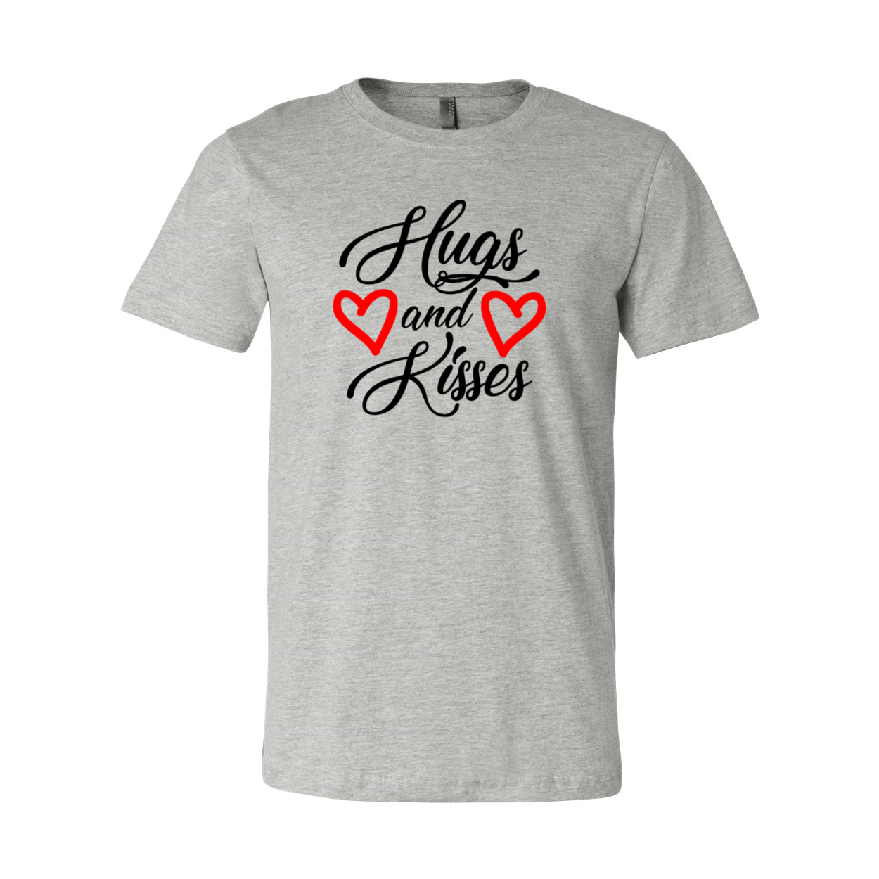 A stylish unisex Hugs And Kisses Shirt made from soft ring spun cotton, available in multiple colors and sizes.