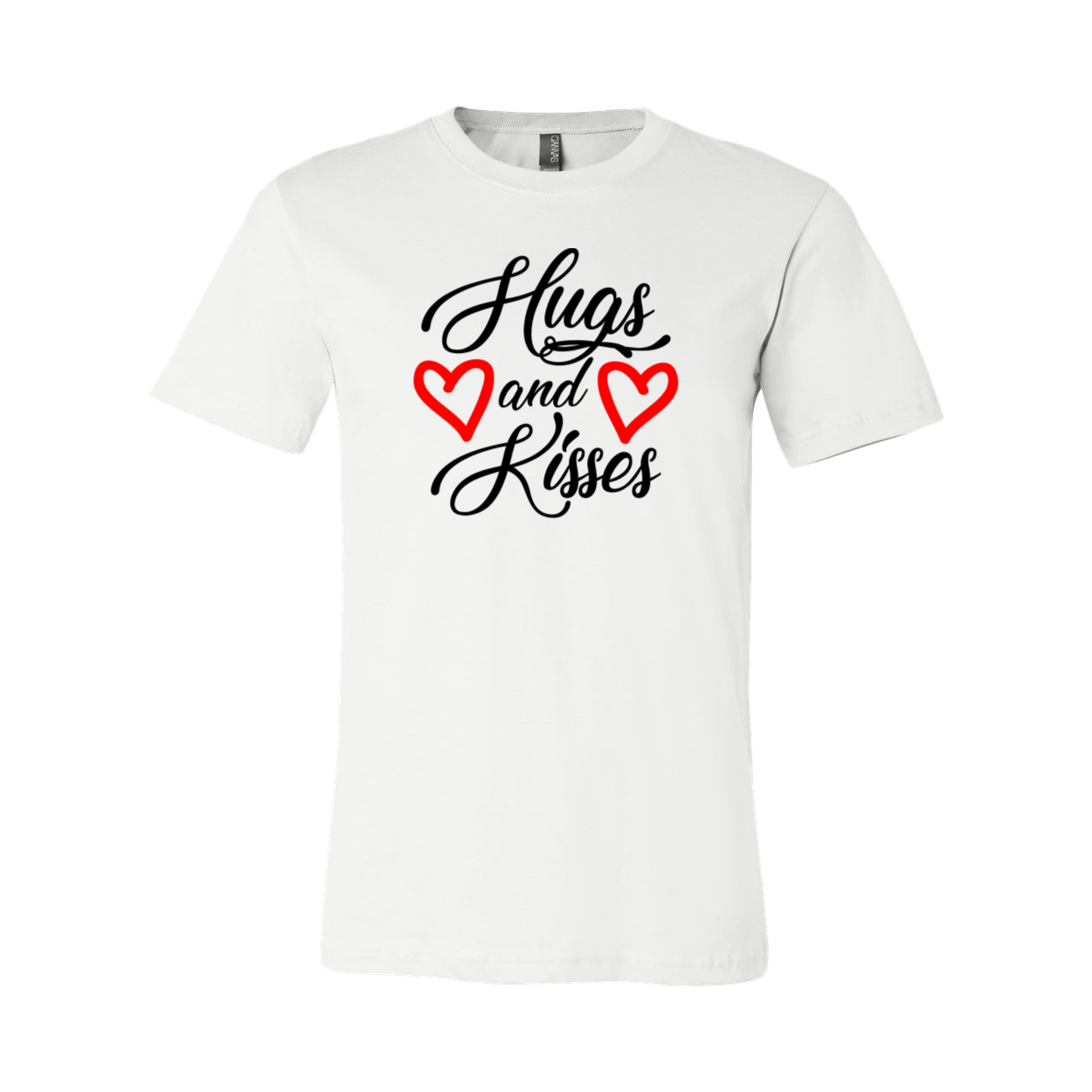 A stylish unisex Hugs And Kisses Shirt made from soft ring spun cotton, available in multiple colors and sizes.