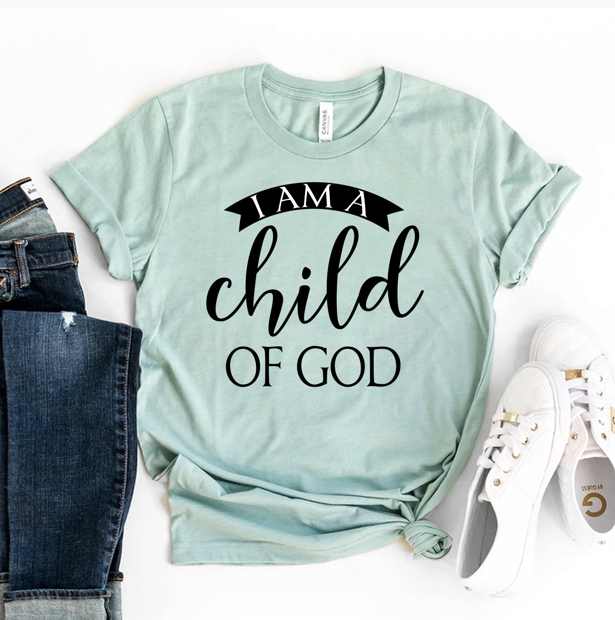 I Am A Child Of God T-shirt made from premium ring spun cotton, featuring a soft textile flex print design.