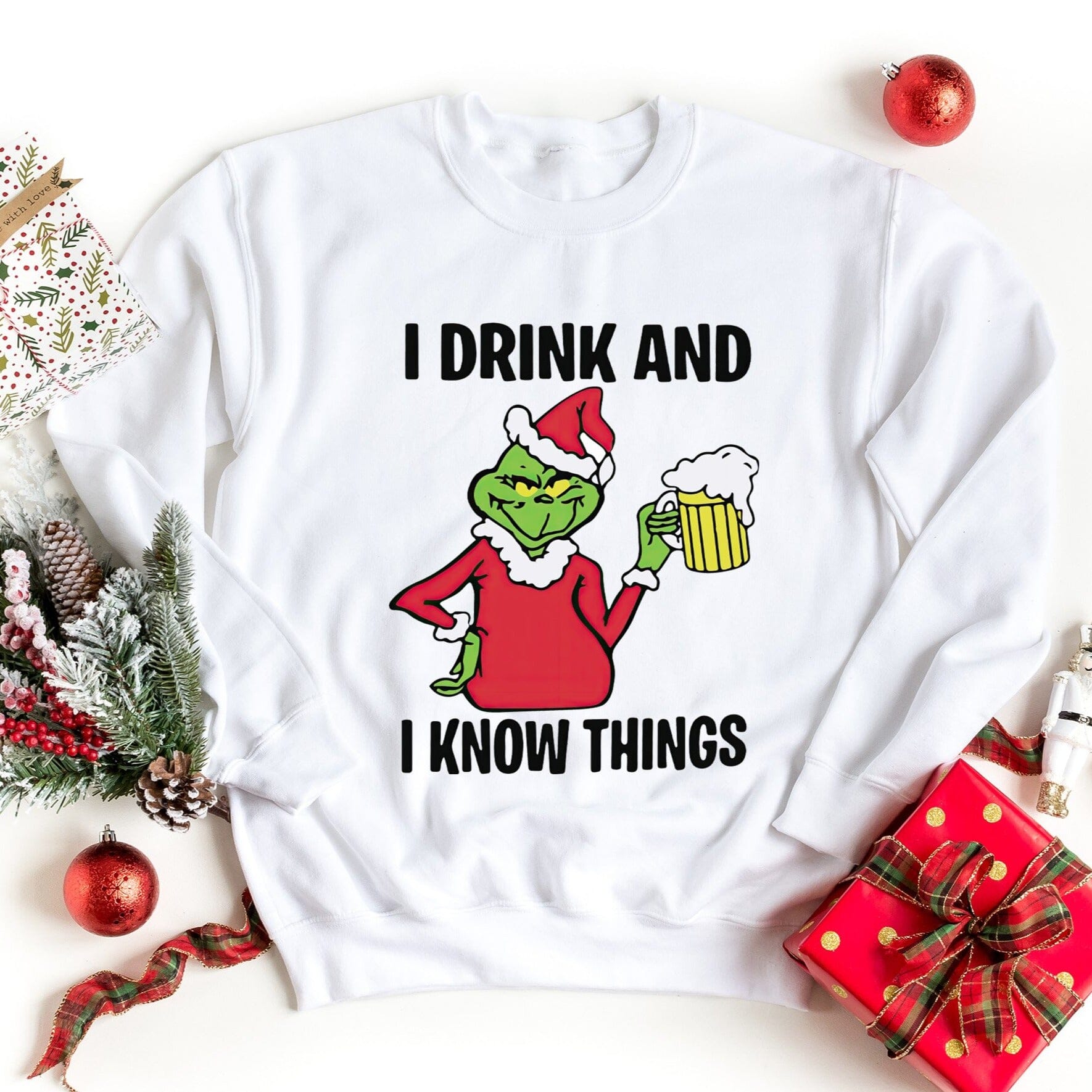 I Drink & I Know Things Sweatshirt in a cozy fit, featuring a witty phrase, made from soft cotton blend fabric.