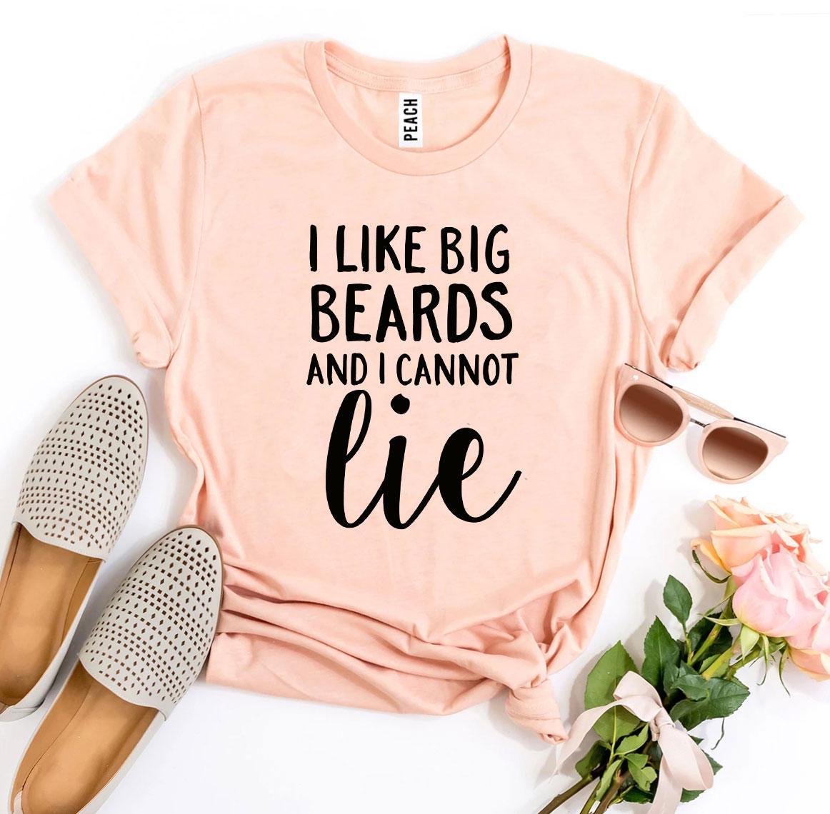 I Like Big Beards And I Cannot Lie T-shirt in various sizes, showcasing its soft fabric and humorous design.