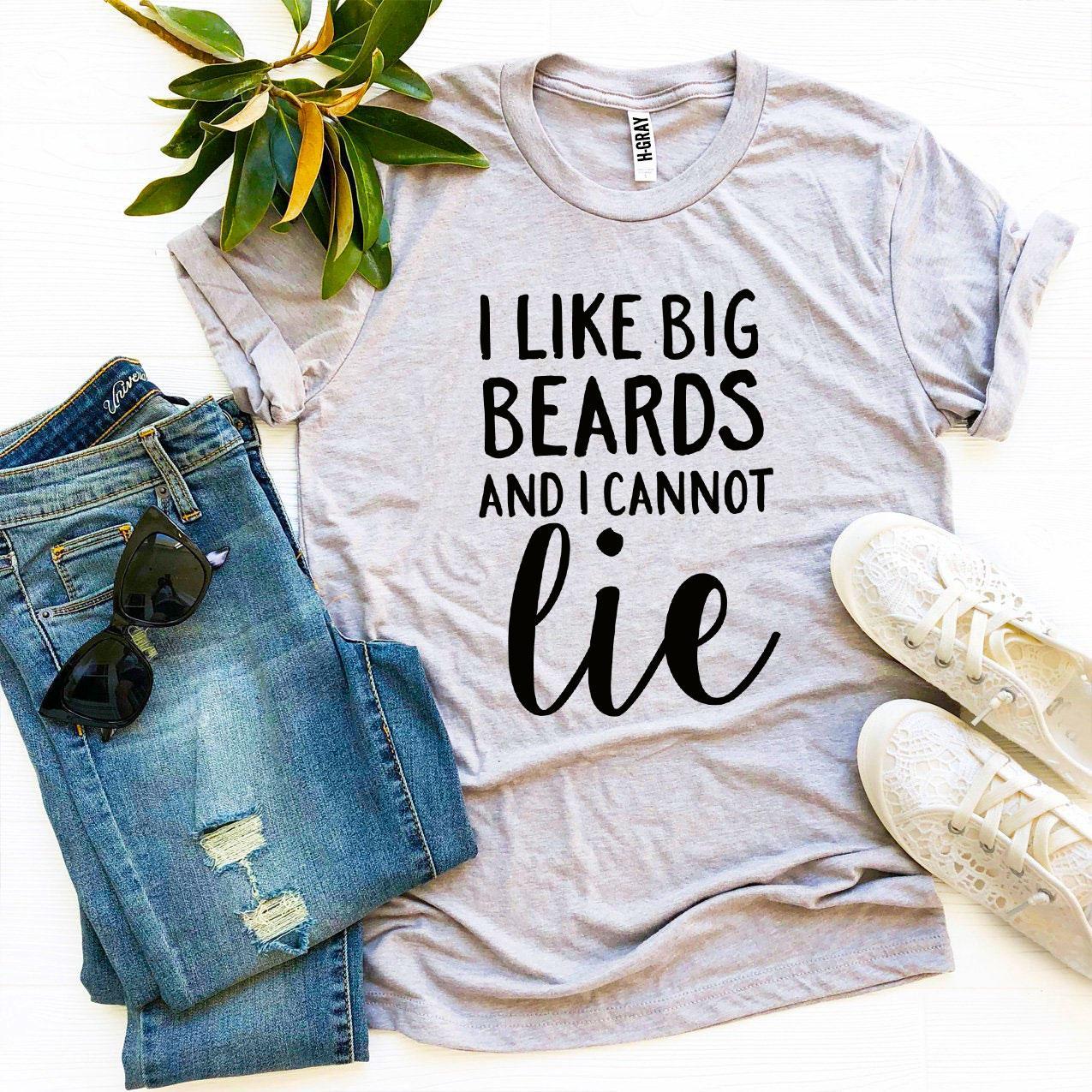 I Like Big Beards And I Cannot Lie T-shirt in various sizes, showcasing its soft fabric and humorous design.