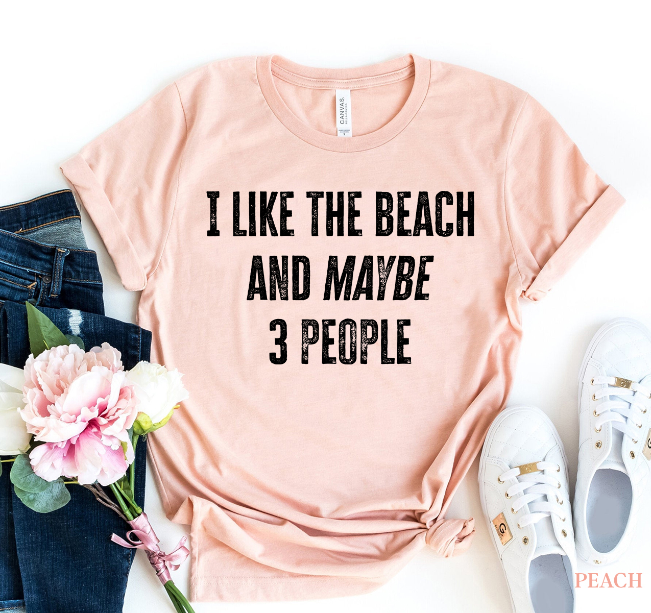 I Like The Beach And Maybe 3 People T-shirt in soft cotton with a humorous design, perfect for beach lovers.