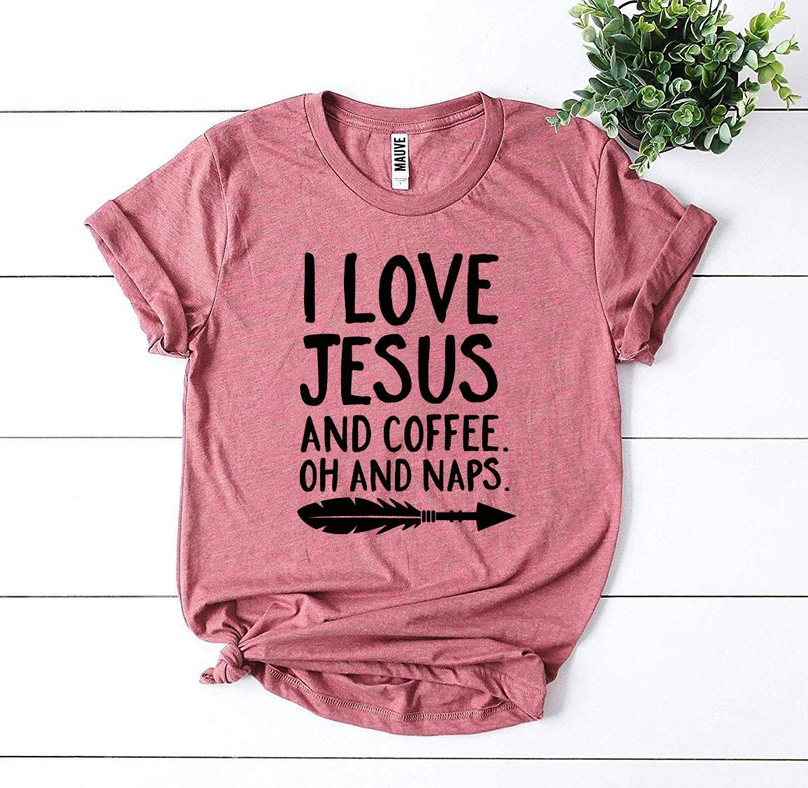 I Love Jesus And Coffee Oh And Naps T-shirt in various sizes, showcasing its soft fabric and vibrant print.