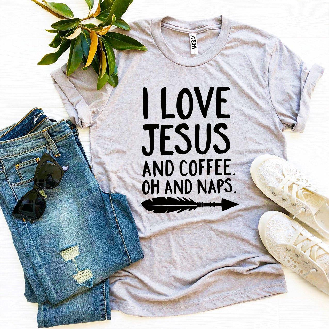 I Love Jesus And Coffee Oh And Naps T-shirt in various sizes, showcasing its soft fabric and vibrant print.