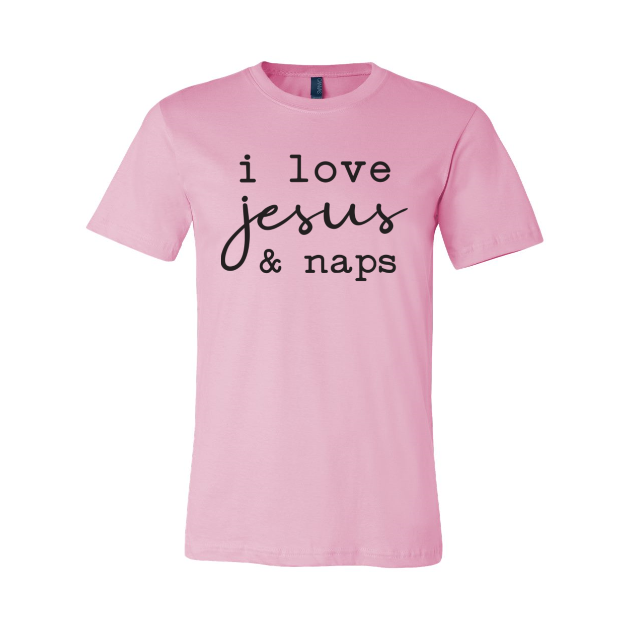 A comfortable unisex T-shirt featuring the phrase 'I Love Jesus And Naps' in a stylish font.