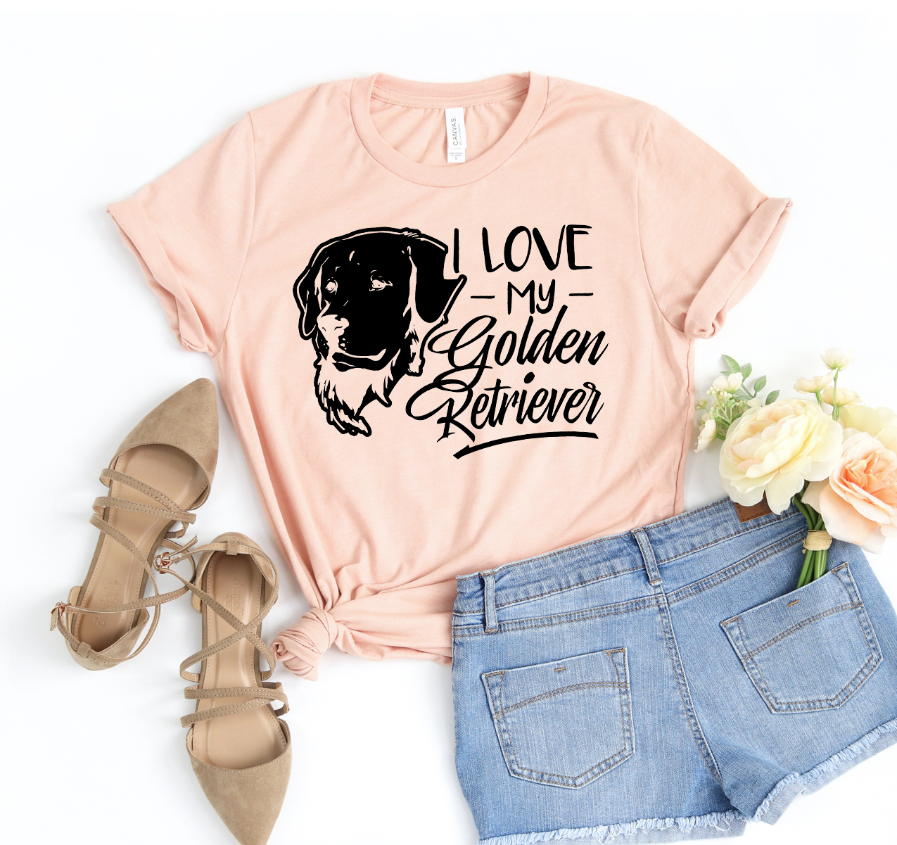 A stylish unisex t-shirt featuring the phrase 'I Love My Golden Retriever' in a playful font, perfect for dog lovers.