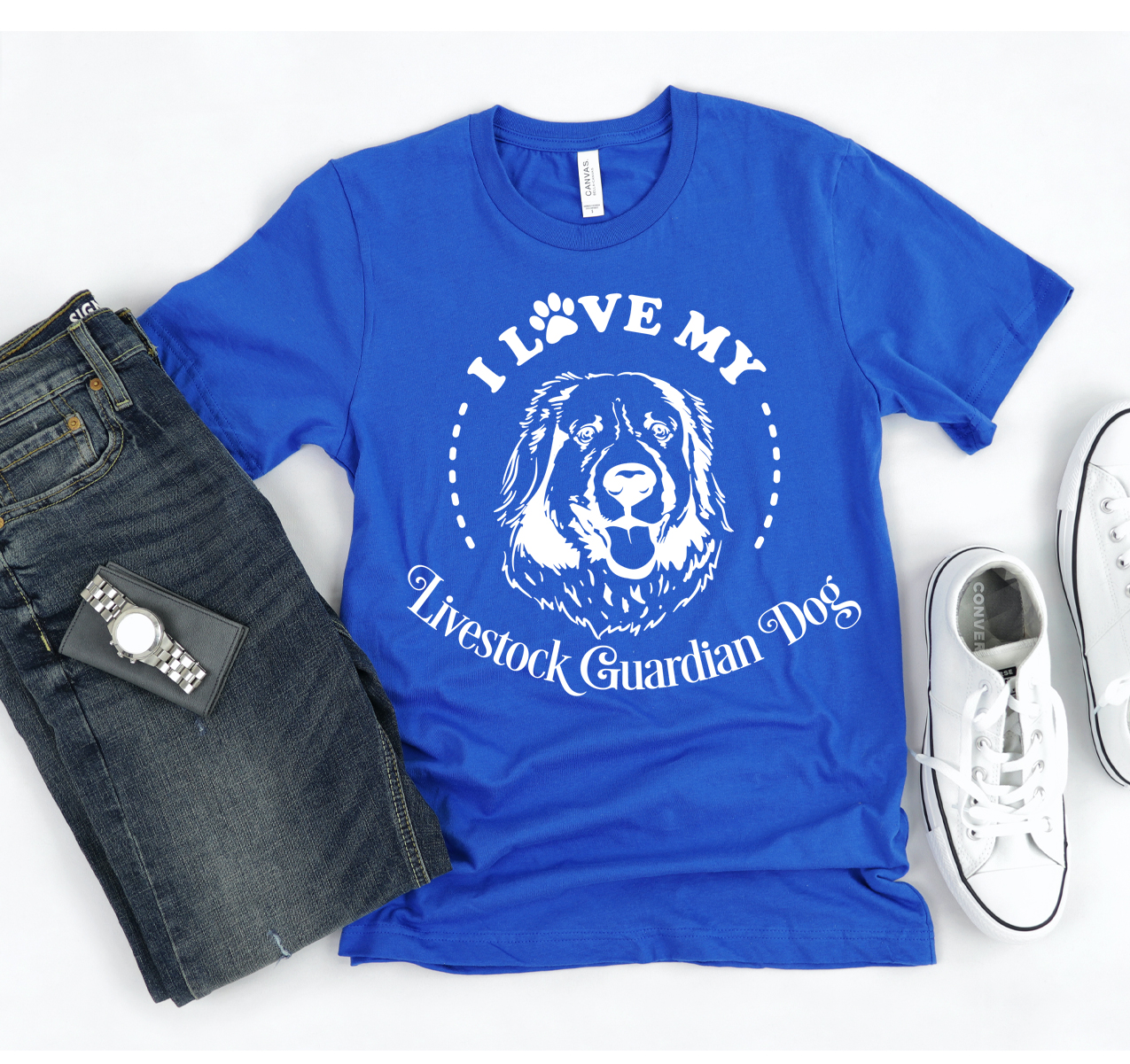 A stylish unisex t-shirt featuring the phrase 'I Love My Livestock Guardian Dog' in a classic design, perfect for dog lovers.