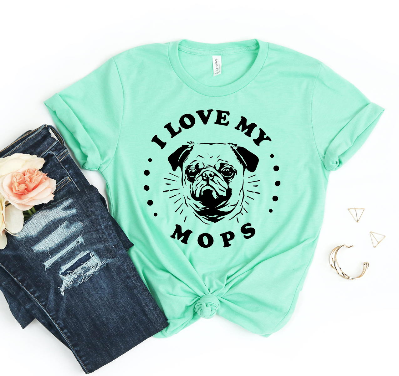 I Love My Mops T-shirt in a classic unisex style, made from soft airlume cotton, showcasing a fun design for mop lovers.